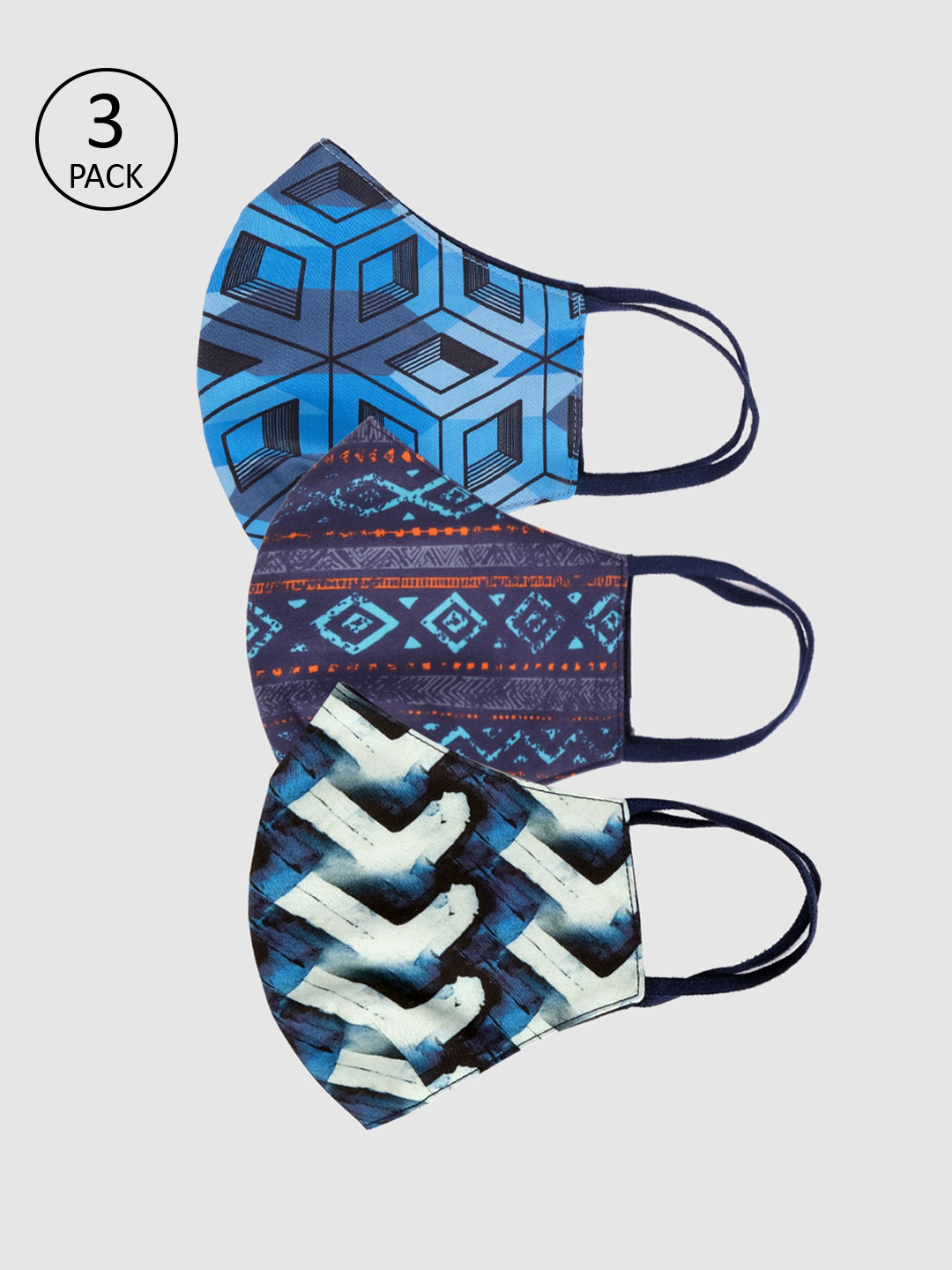 

Jack & Jones Men Pack Of 3 Blue Printed 3-Ply Reusable Cloth Masks