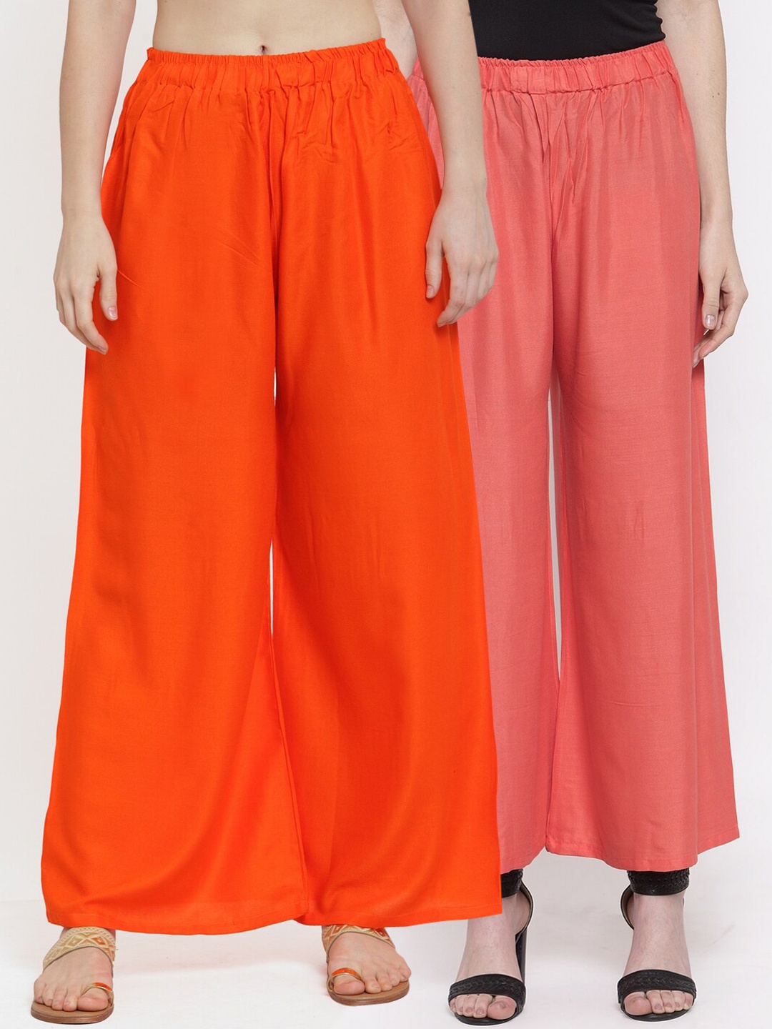

TAG 7 Women Pack Of 2 Orange & Peach-Coloured Solid Flared Palazzos