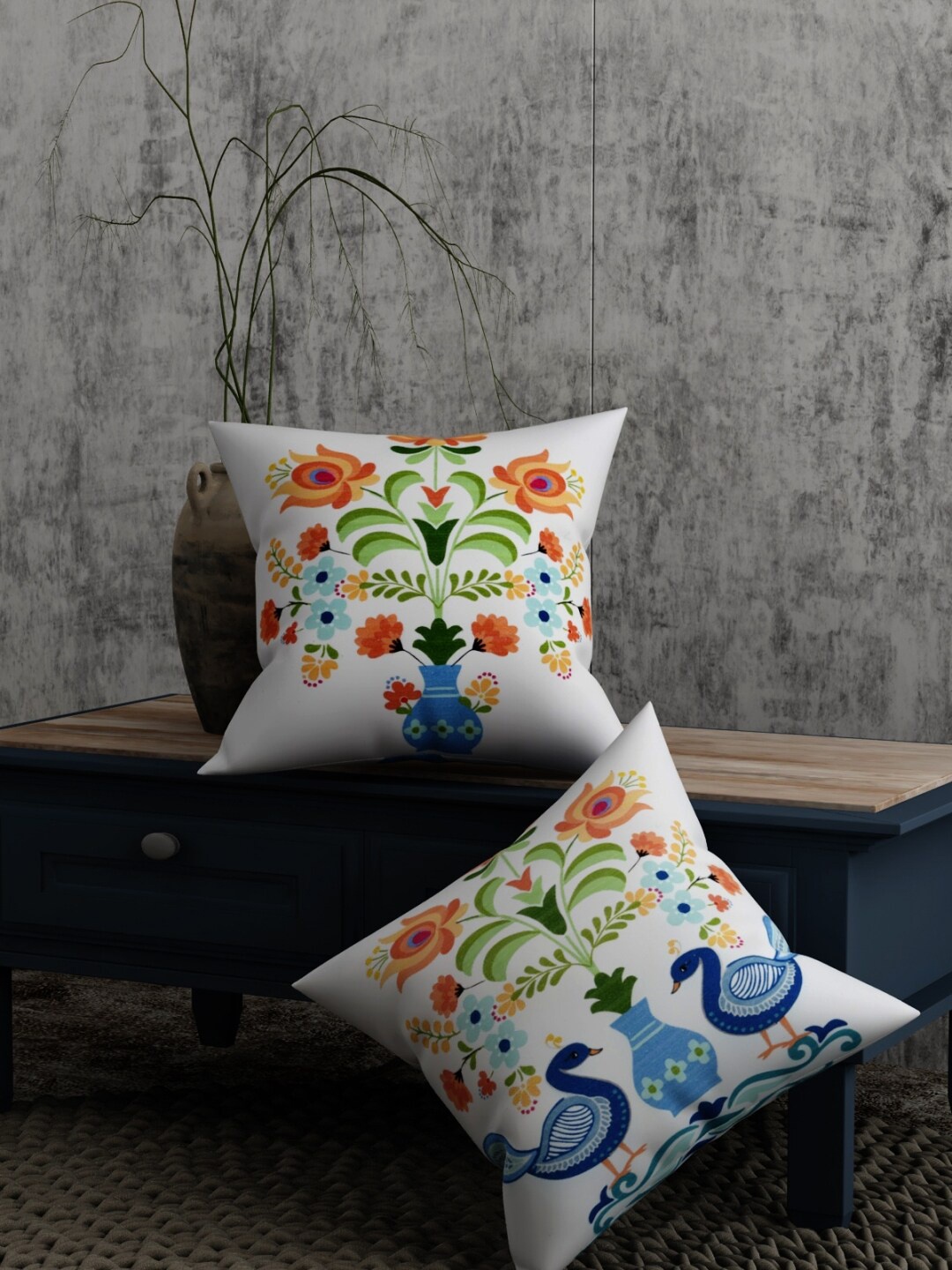 

EverHOME Off-White & Blue Set of 2 Ethnic Motifs Square Cushion Covers