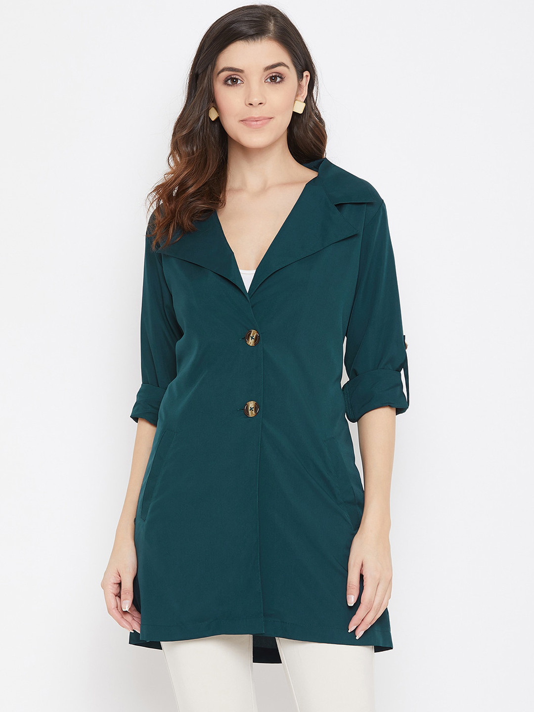 

Color Cocktail Women Teal Green Solid Trench Coat