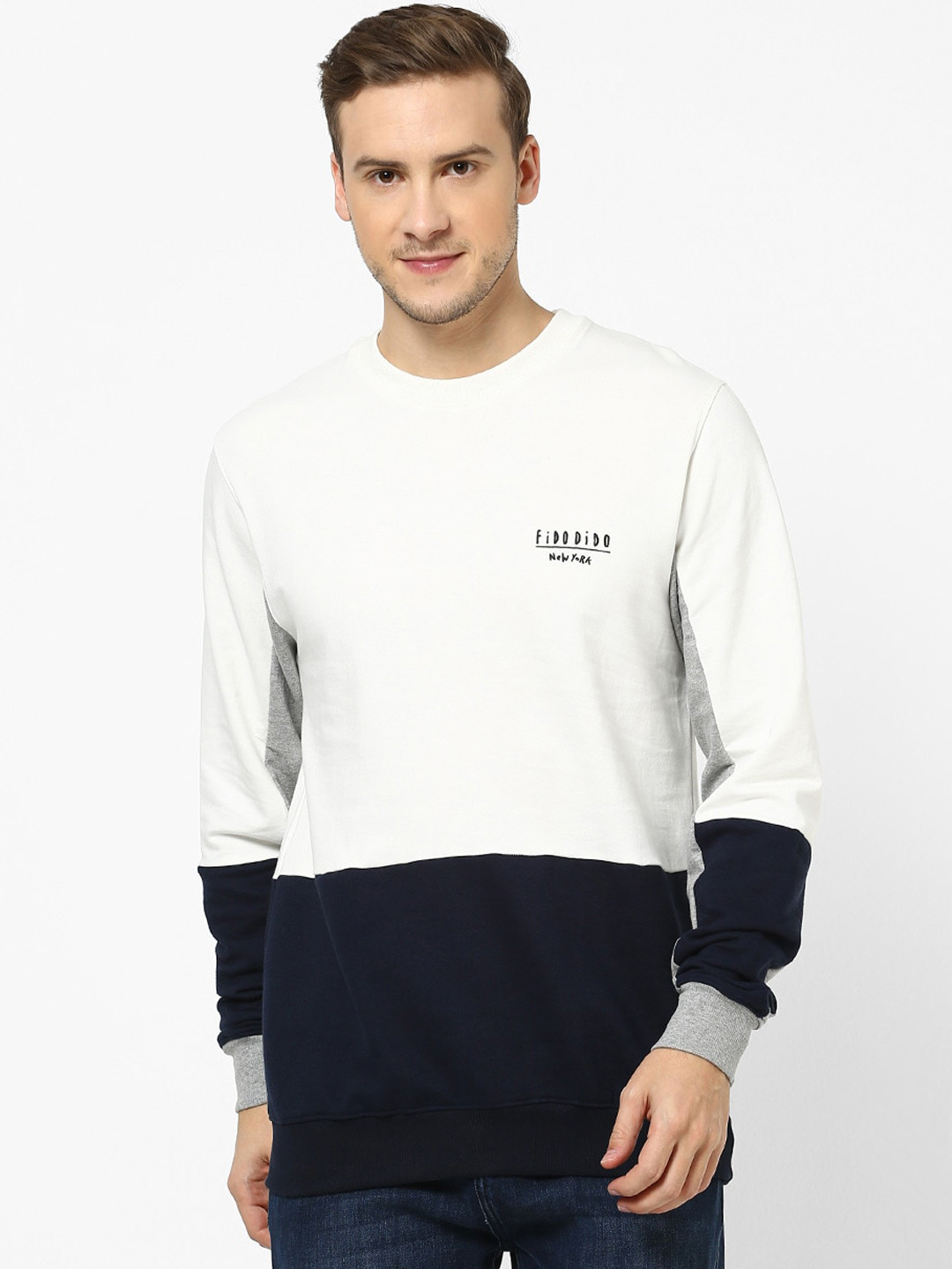 

FIDO DIDO Men White & Navy Blue Colourblocked Sweatshirt