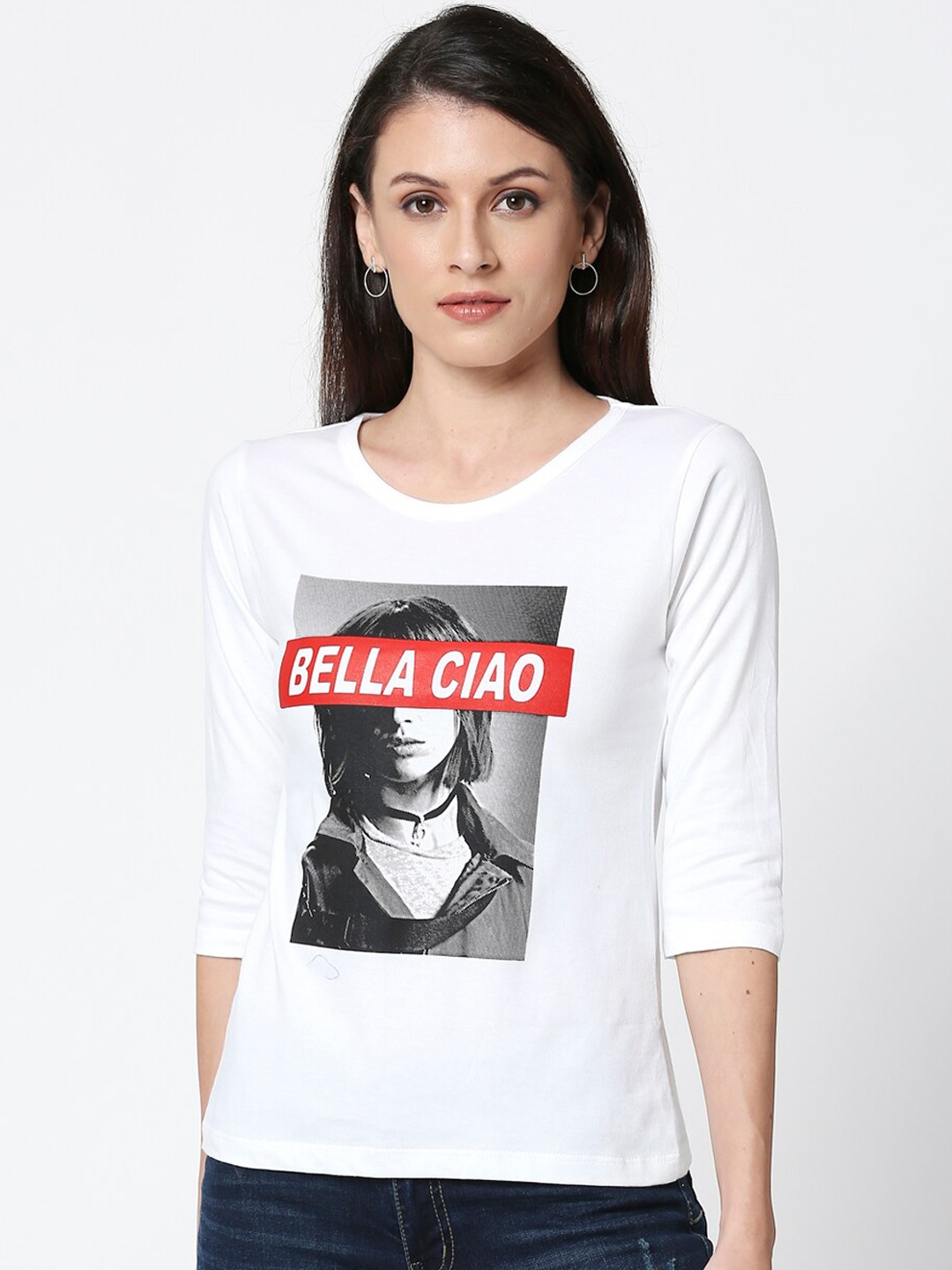 

Bewakoof Women White & Grey Money Heist Character Printed Round Neck T-shirt