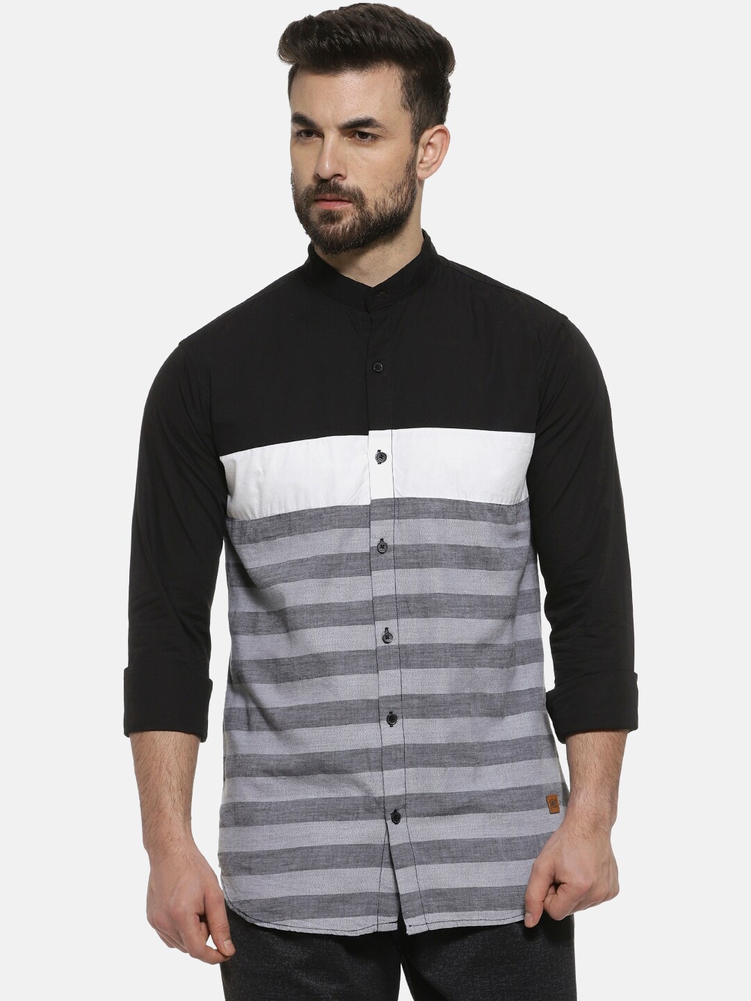 

Campus Sutra Men Black & Grey Regular Fit Striped Casual Shirt