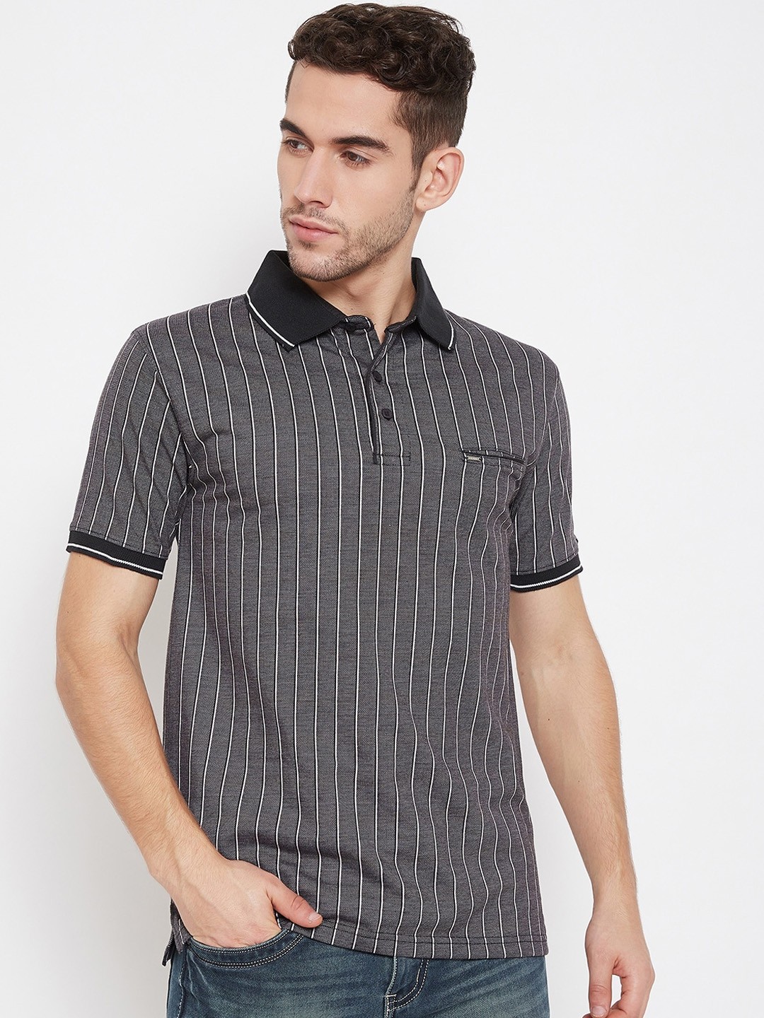 

Okane Men Black Striped Polo Collar T-shirt
