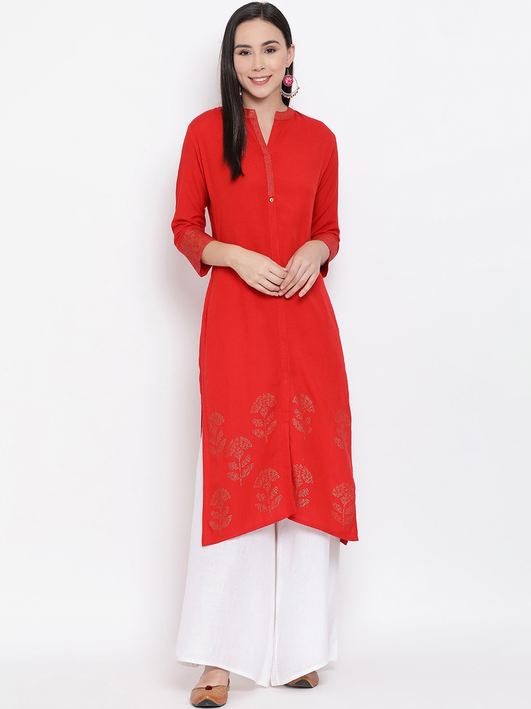 

Span Women Red Woven Design Straight Kurta