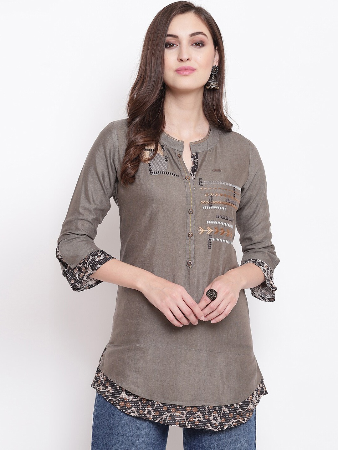 

Kvsfab Women Grey Embroidered A-Line Kurti