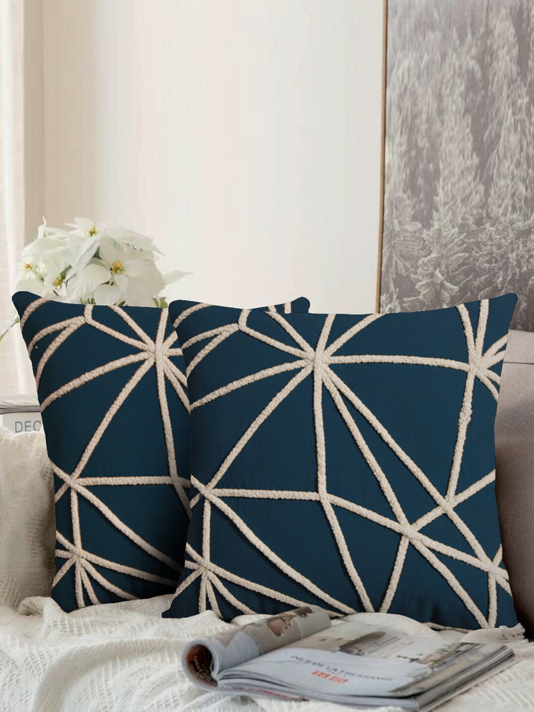 

aRDENMEAD Navy Blue Beige Set of 2 Embroidered Square Cushion Covers