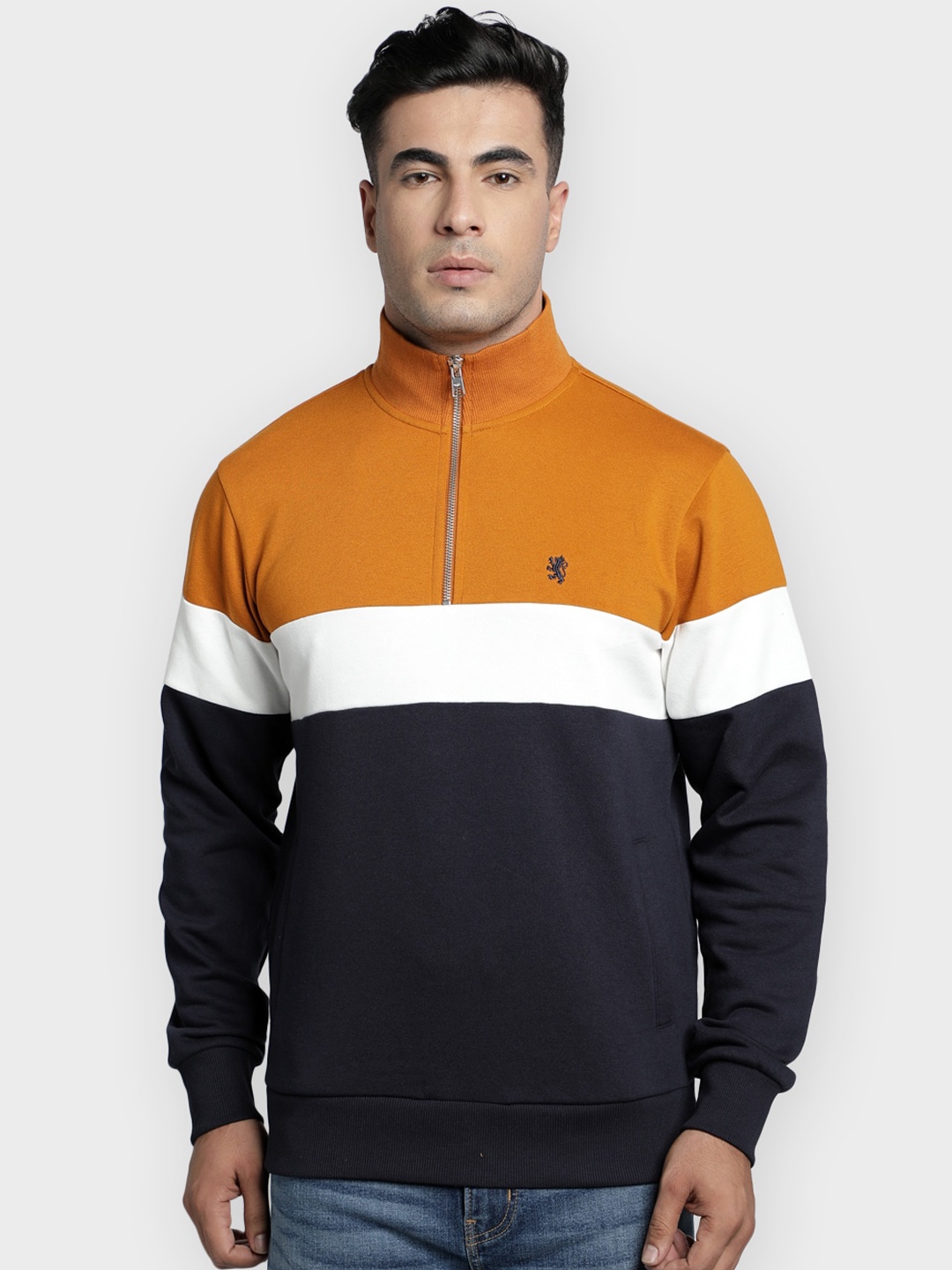 

Red Tape Men Mustard Yellow & Navy Blue Colourblocked Sweatshirt