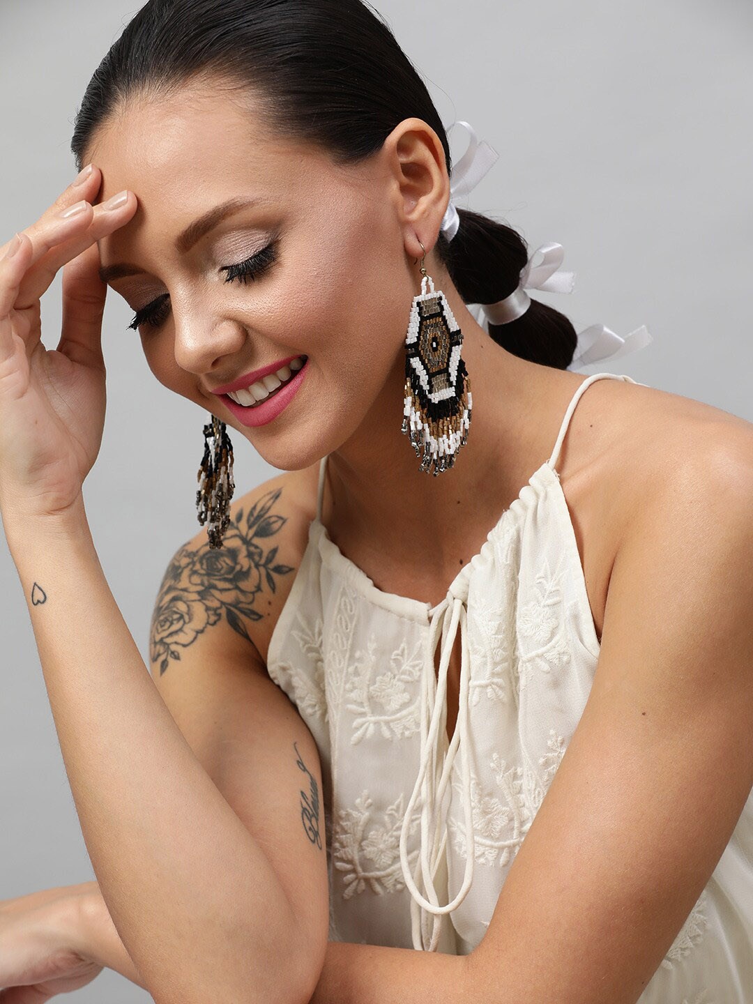 

STREET 9 White & Black Geometric Drop Earrings