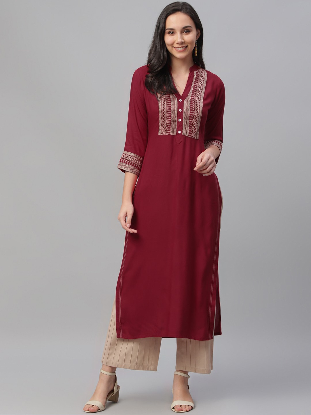 

Libas Women Maroon & Gold Yoke Design Straight Kurta