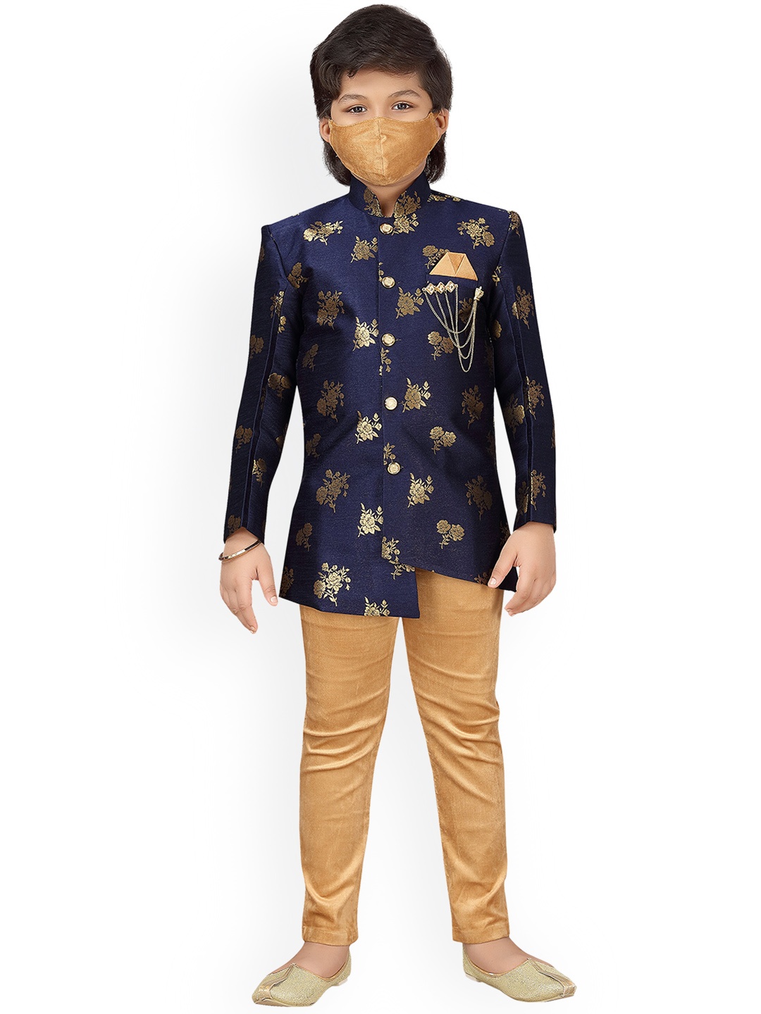 

Aj DEZInES Boys Blue & Gold-Coloured Woven-Design Sherwani Set