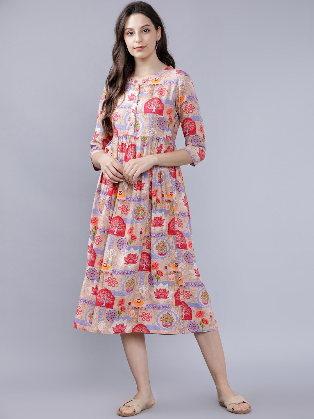 

Vishudh Women Multicoloured Printed Fit and Flare Dress, Multi