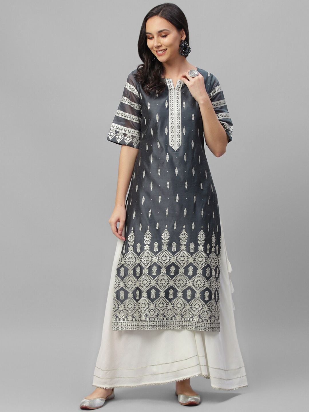 

Libas Women Grey Printed Straight Kurta