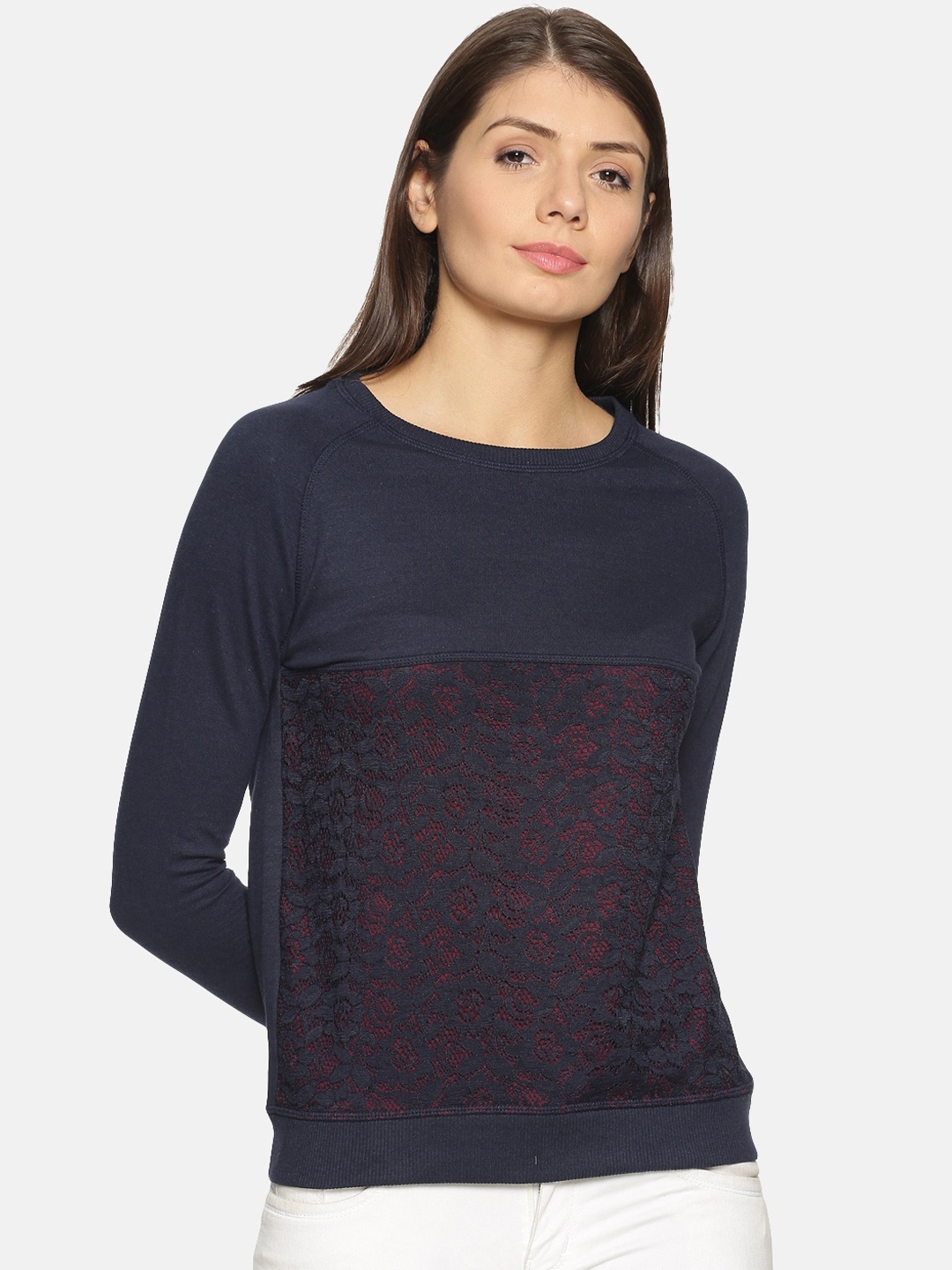 

Kryptic Women Navy Blue & Burgundy Colourblocked Sweatshirt