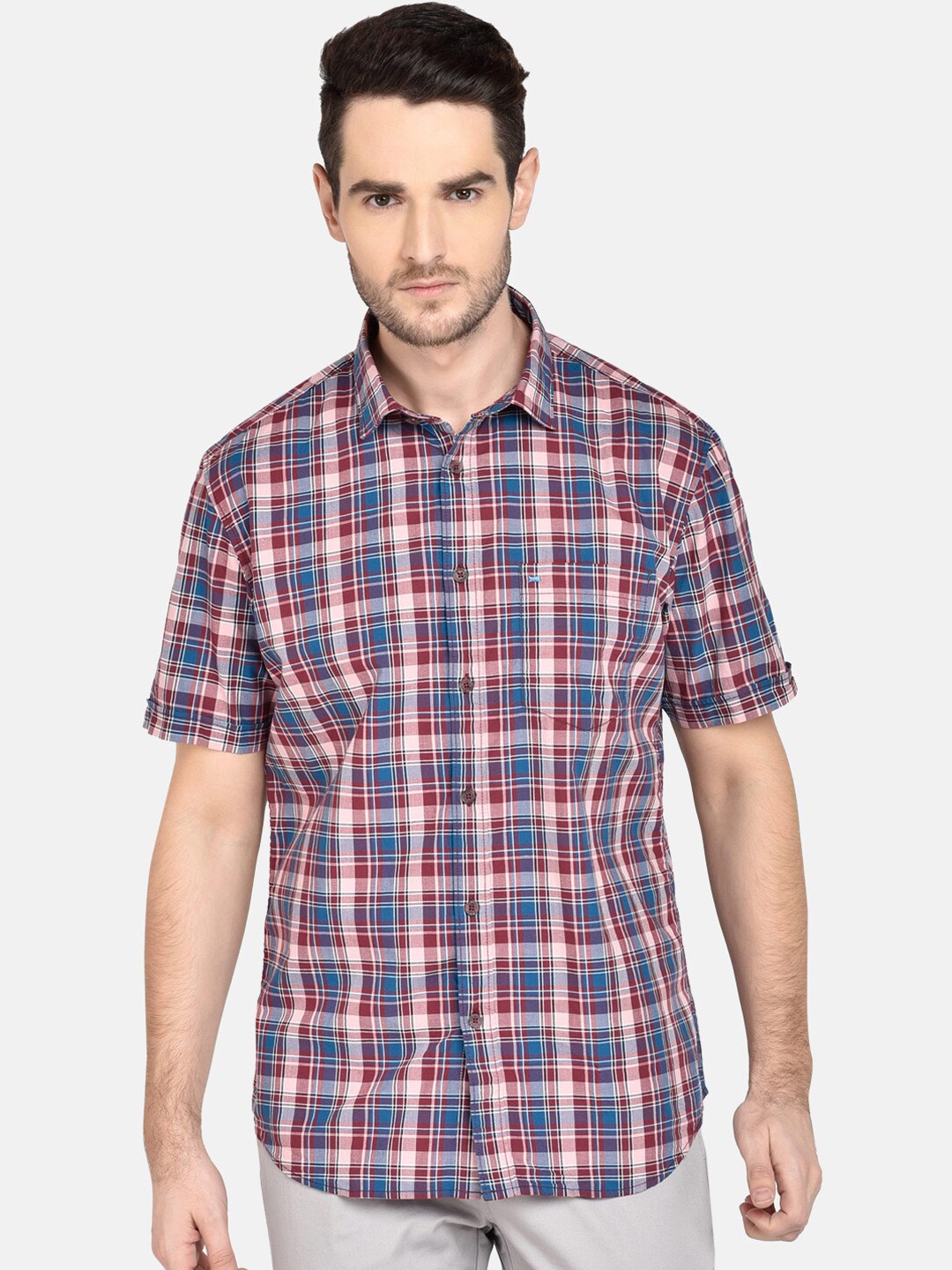 Basics Men Pink & Maroon Slim Fit Checked Casual Shirt
