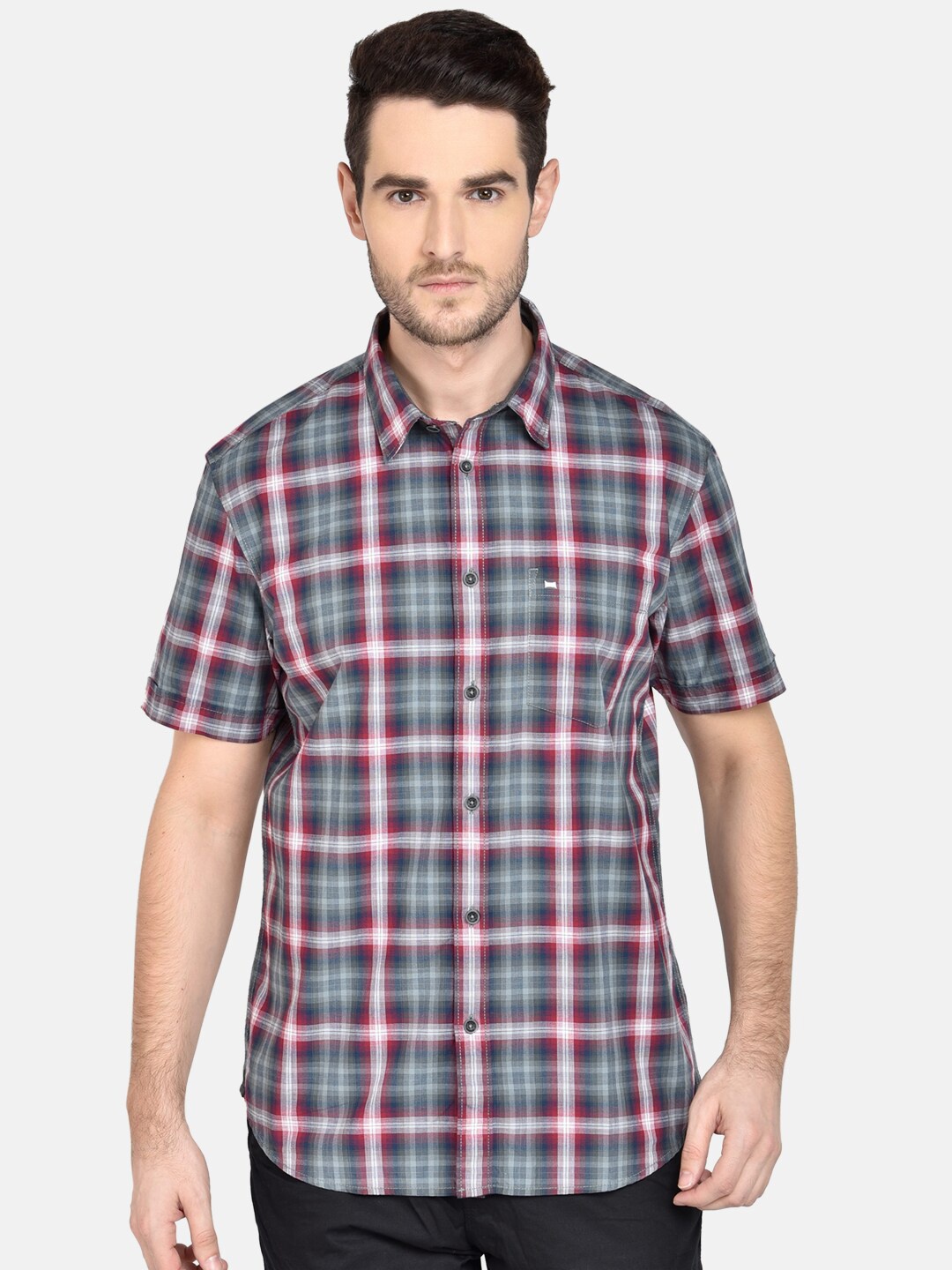 

Basics Men Red & Grey Slim Fit Checked Casual Shirt
