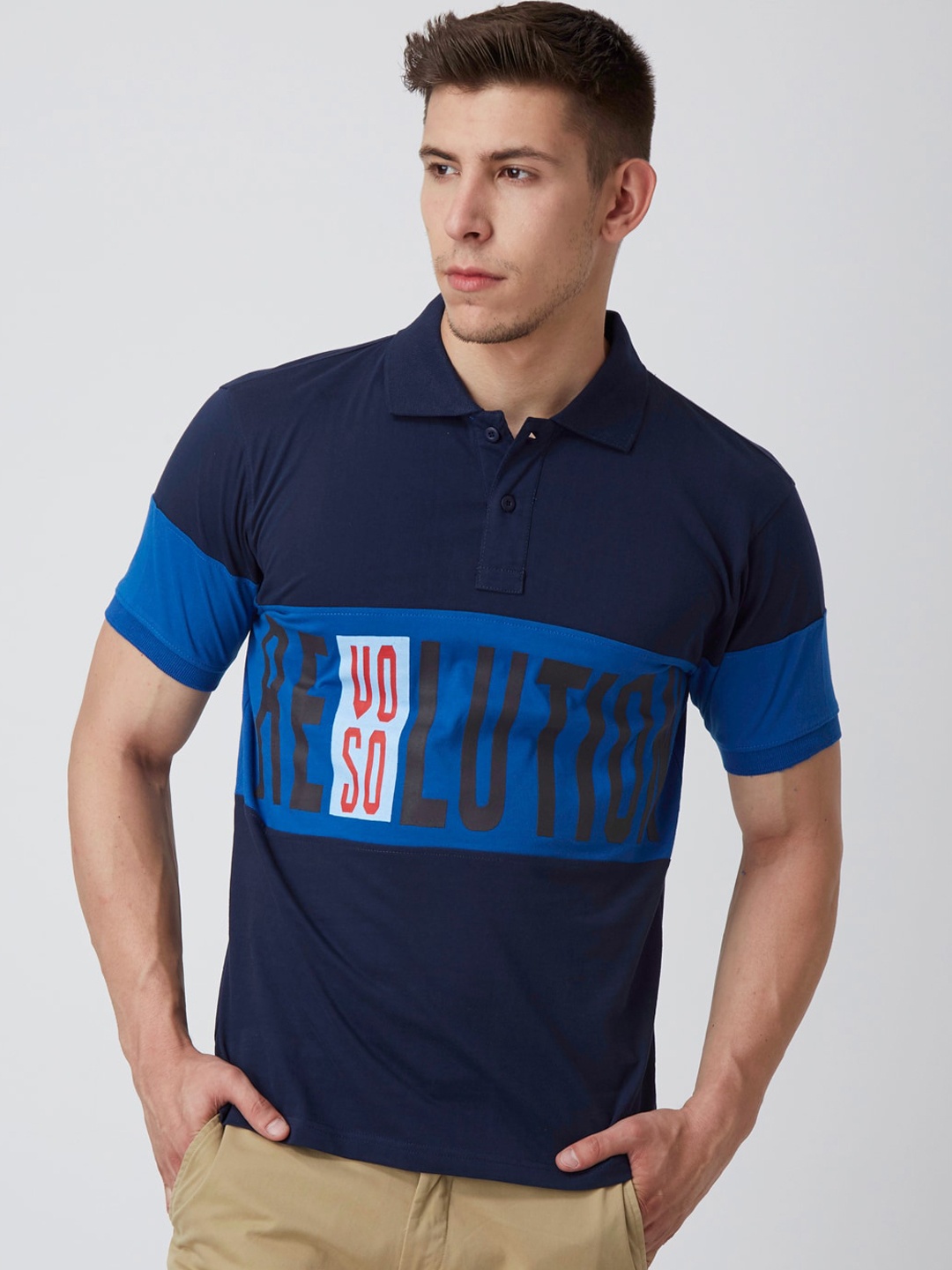 

FIDO DIDO Men Navy Blue Colourblocked Polo Collar Slim Fit T-shirt