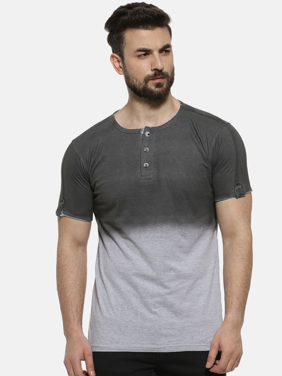 

Campus Sutra Men Charcoal Colourblocked Grey Henley Neck T-shirt