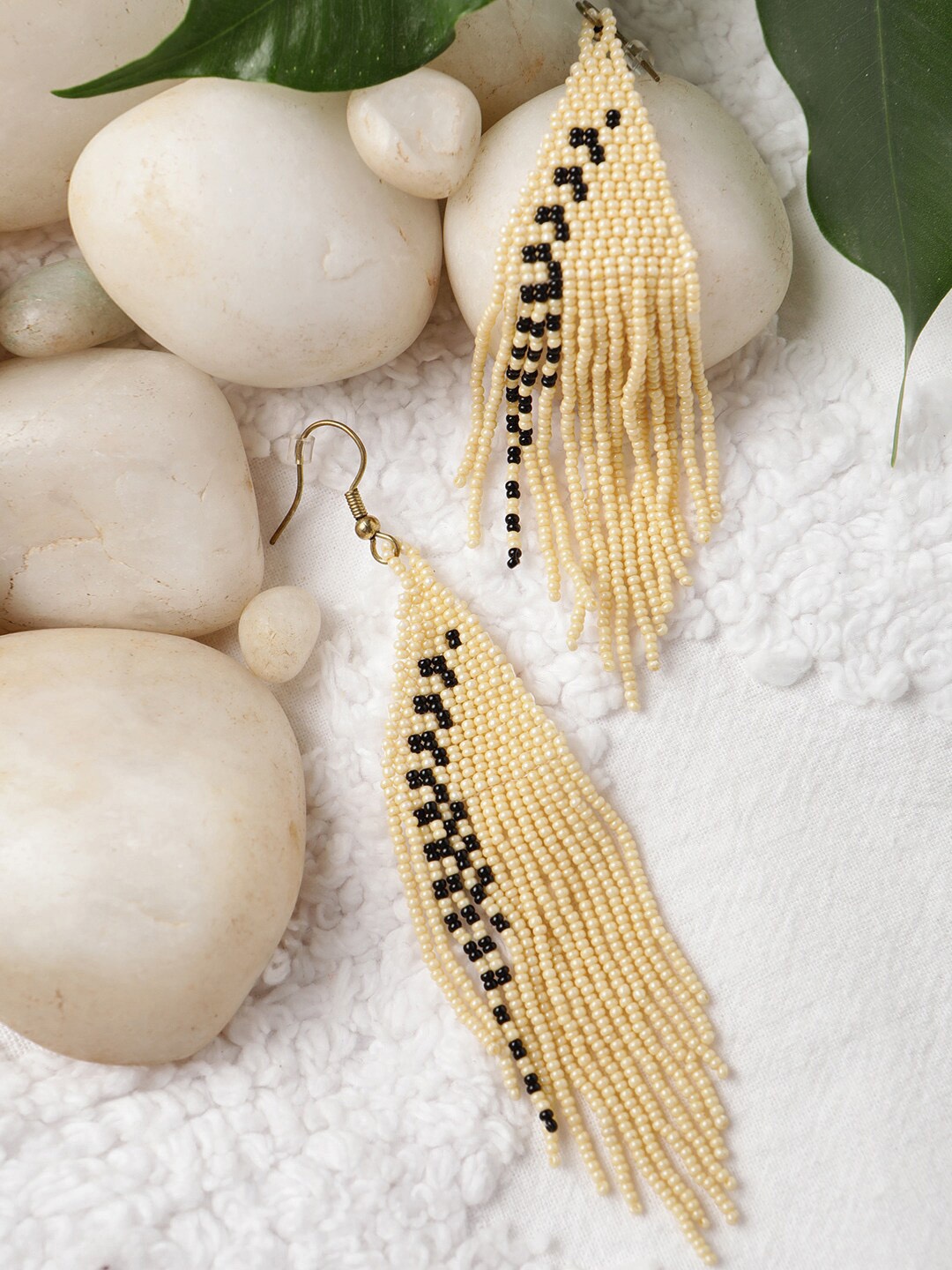 STREET 9 Cream-Coloured & Black Teardrop Shaped Drop Earrings