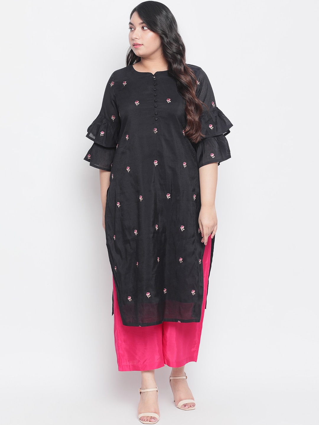 

Amydus Women Plus Size Black & Pink Embroidered Straight Kurta