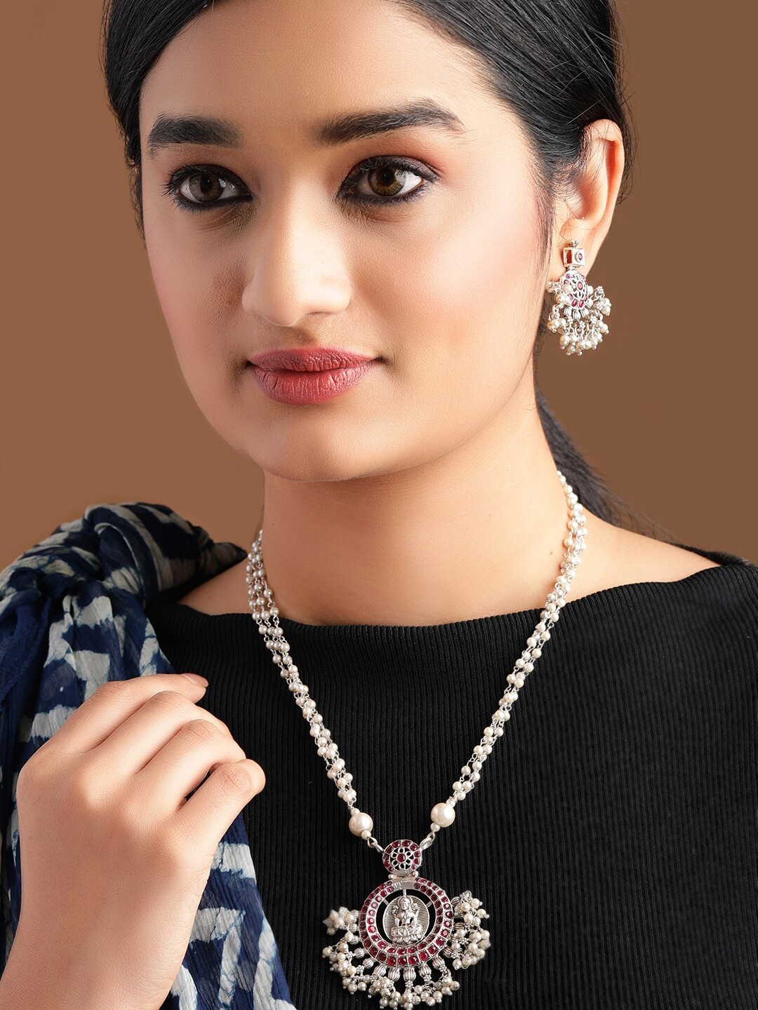 

Rubans Silver-Plated Off-White & Red Faux Ruby & Pearl Studded Divine Laxmi Handcrafted Jewellery Set