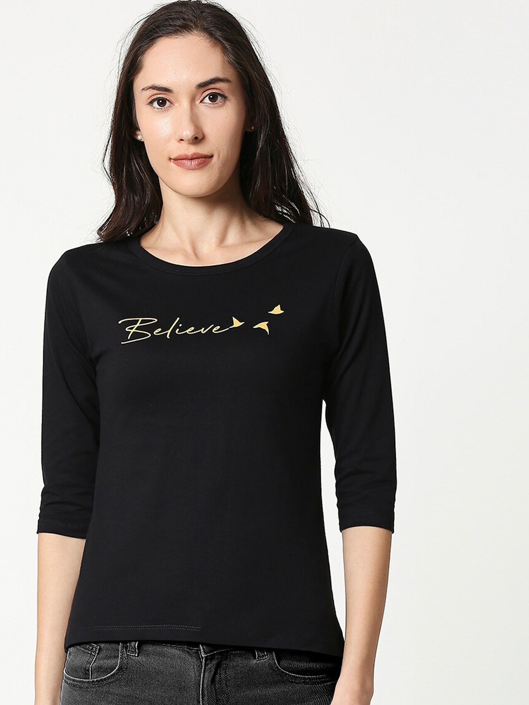

Bewakoof Women Black & Yellow Printed Round Neck T-shirt
