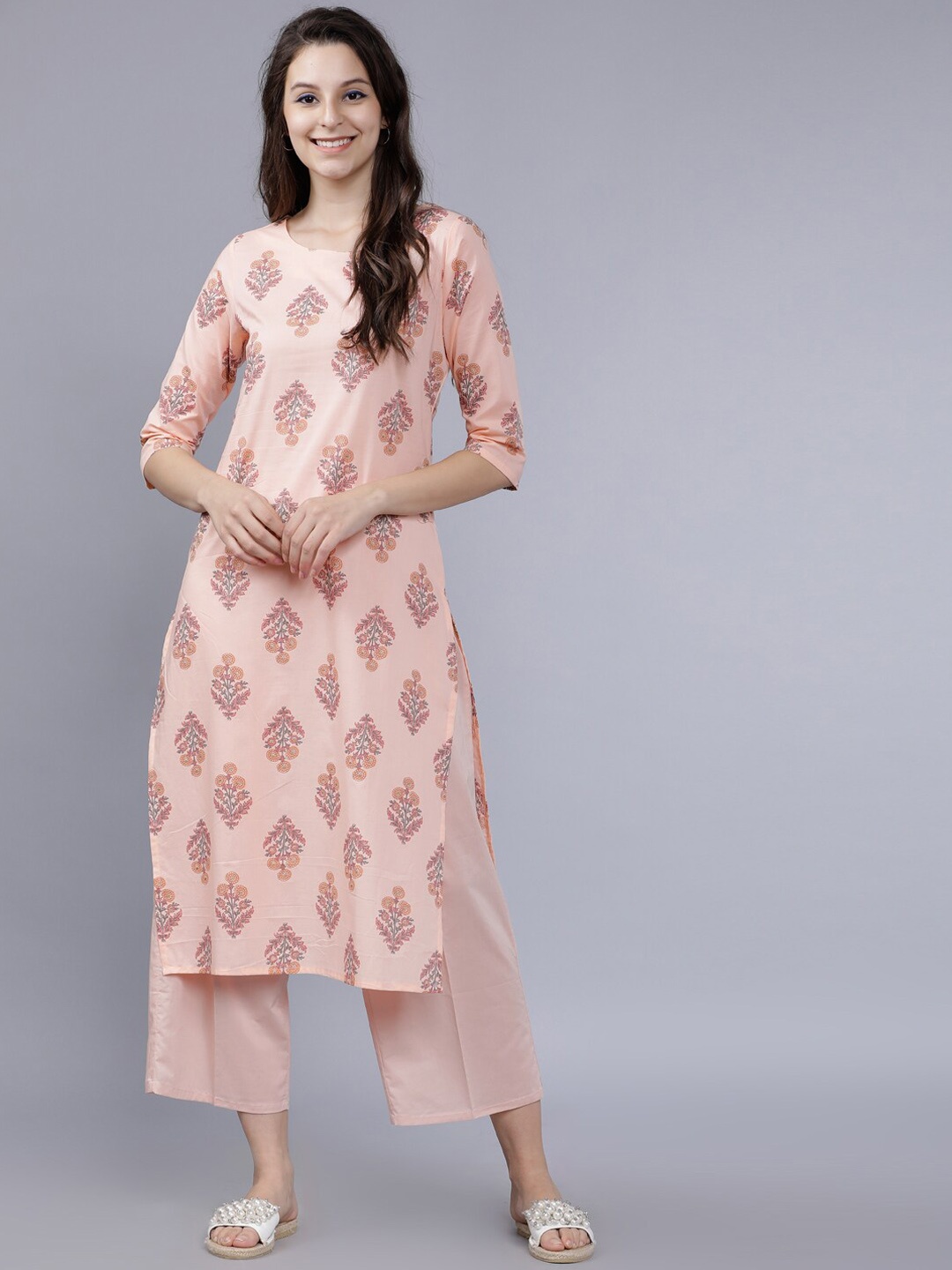 

Vishudh Women Peach-Coloured Printed Straight Kurta