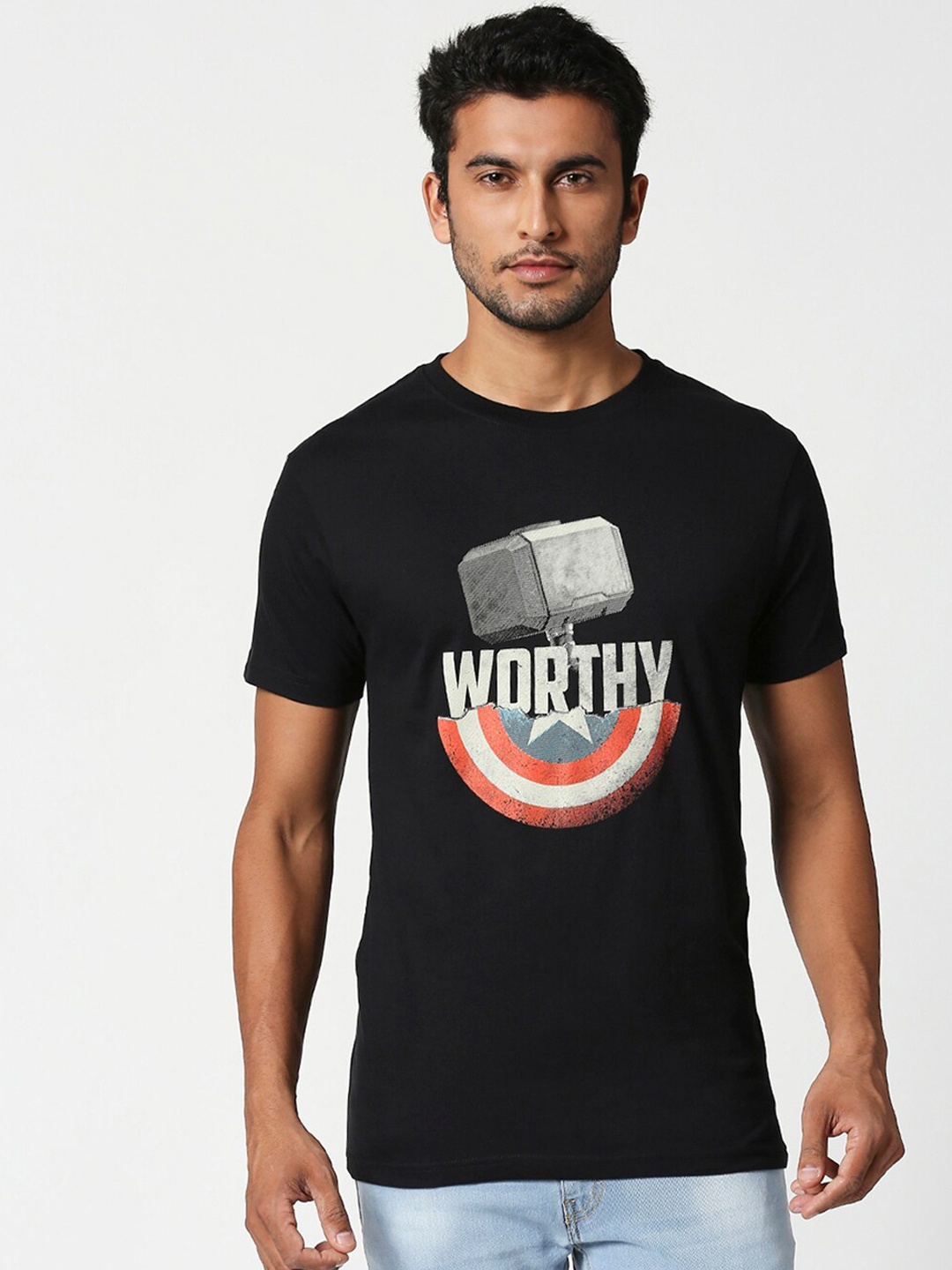 

Bewakoof Men Black Printed Round Neck Pure Cotton T-shirt