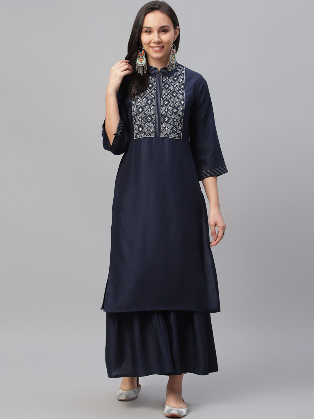 

Libas Women Navy Blue Yoke Design A-Line Kurta