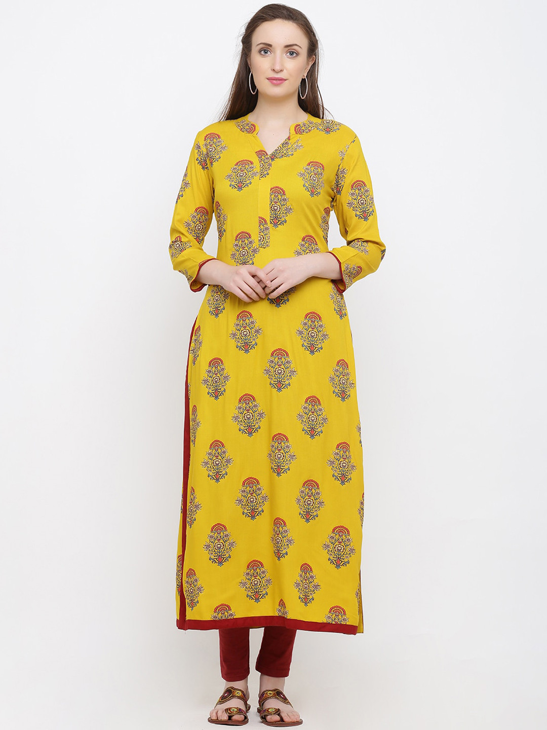 

Indian Virasat Women Yellow Printed Straight Kurta