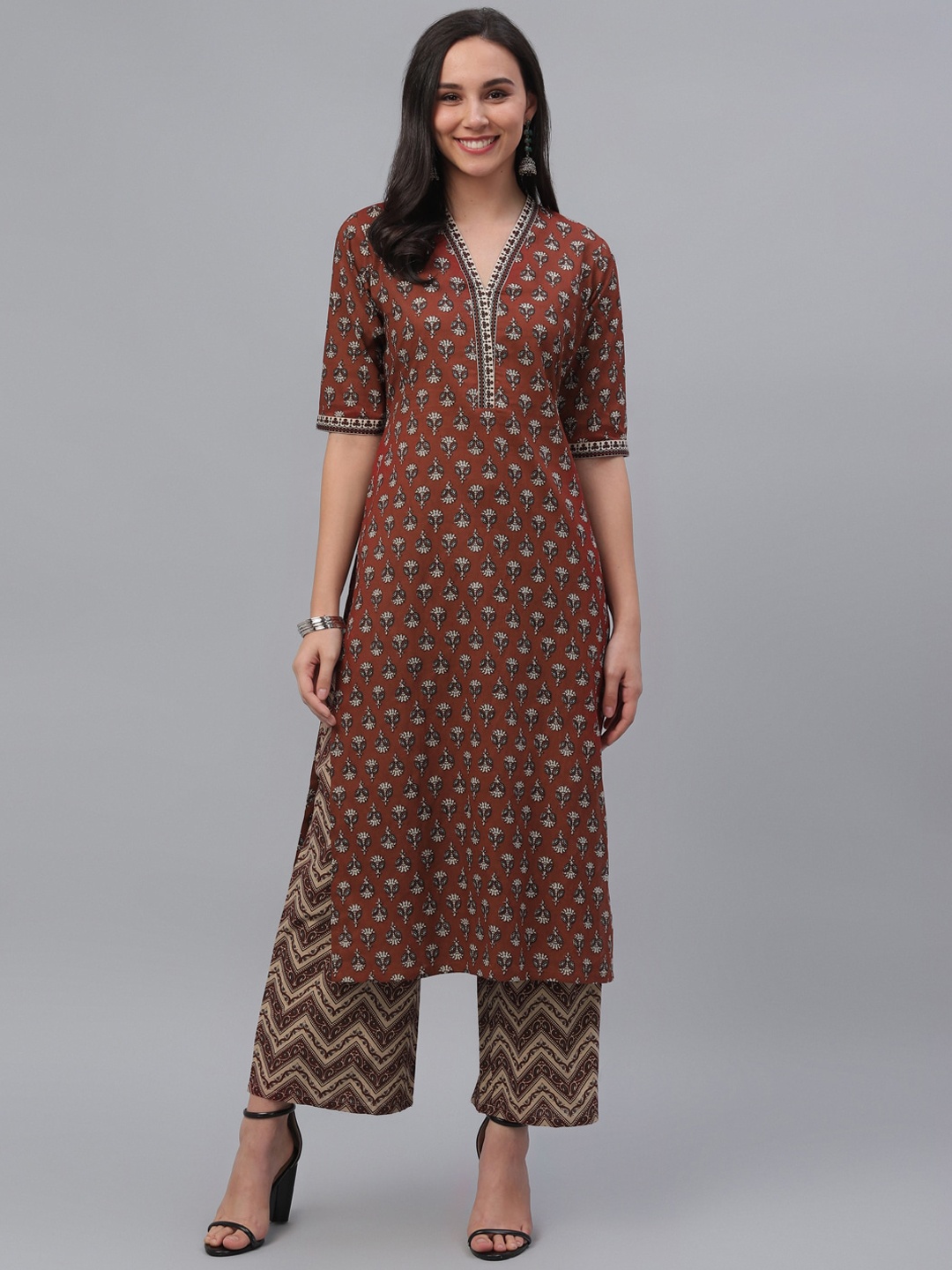 

GERUA Women Brown & Beige Printed Kurta with Palazzos