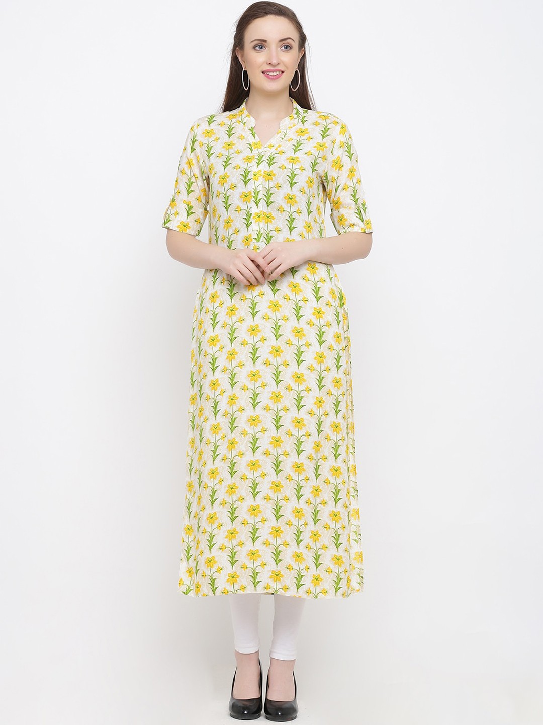 

Indian Virasat Women Yellow & Green Floral Print Straight Kurta