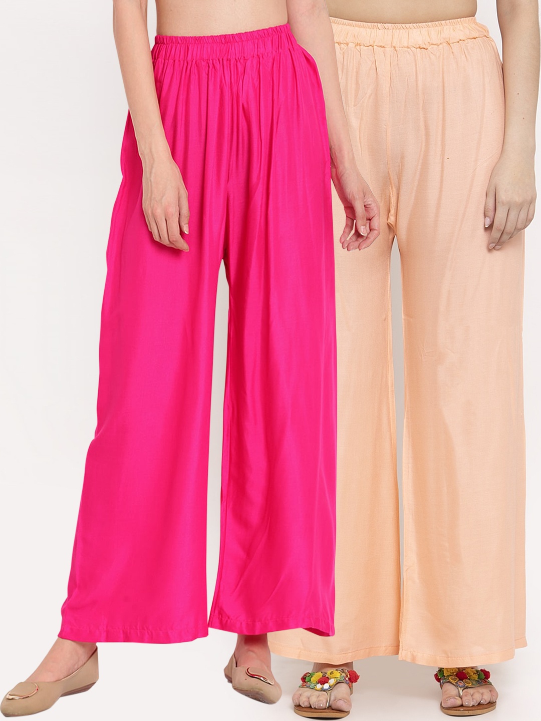 

TAG 7 Women Pack Of 2 Peach-Coloured & Pink Solid Flared Palazzos