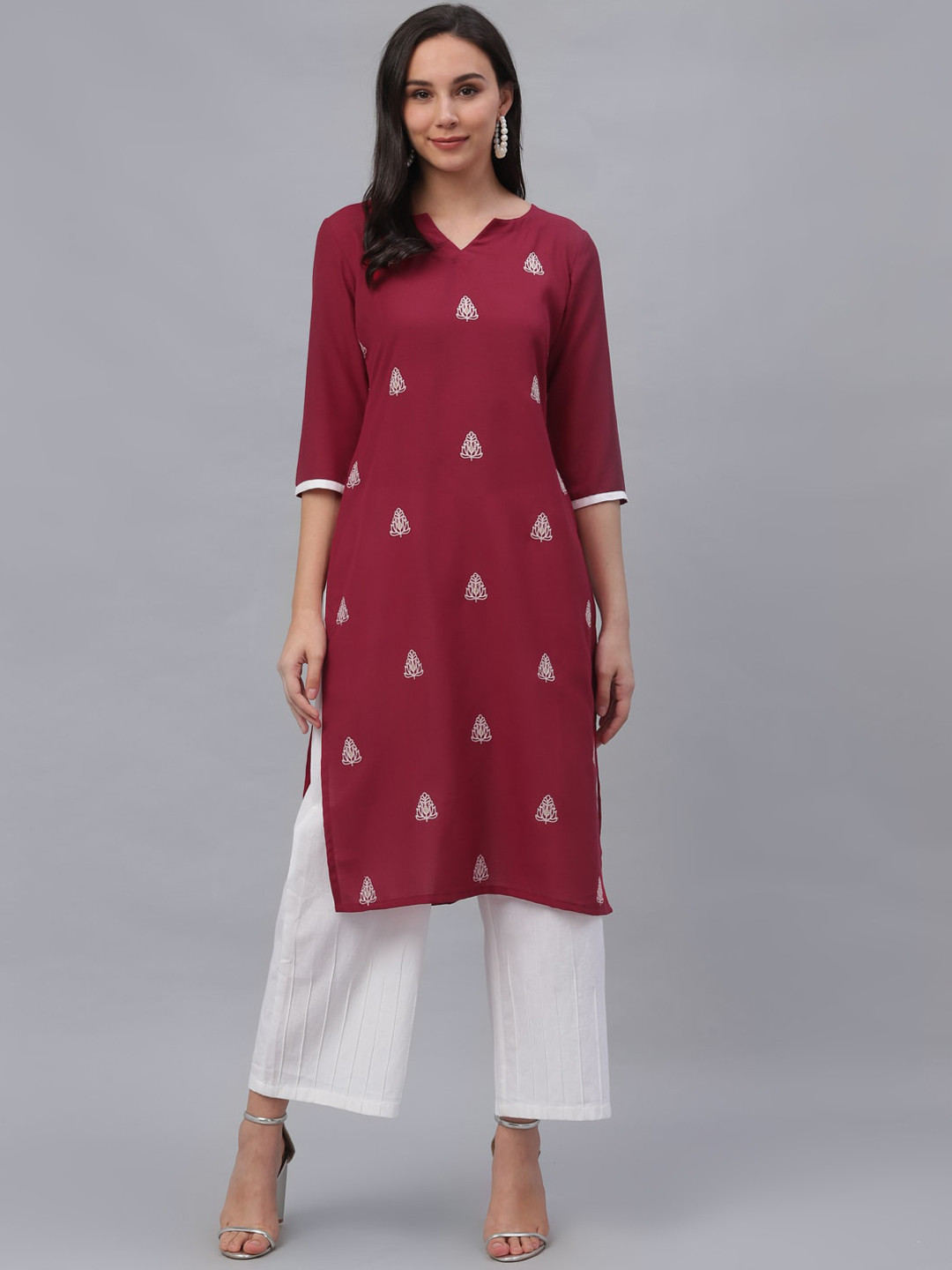 

Libas Women Maroon Embroidered Straight Kurta