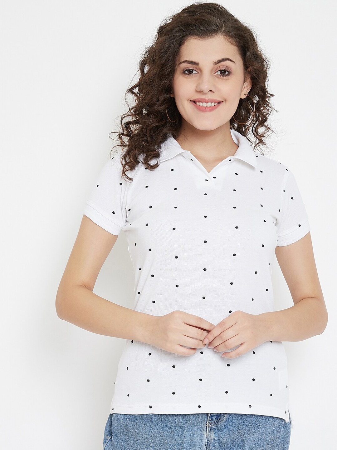 

JUMP USA Women White & Blue Polka Dot Printed Polo Collar T-shirt