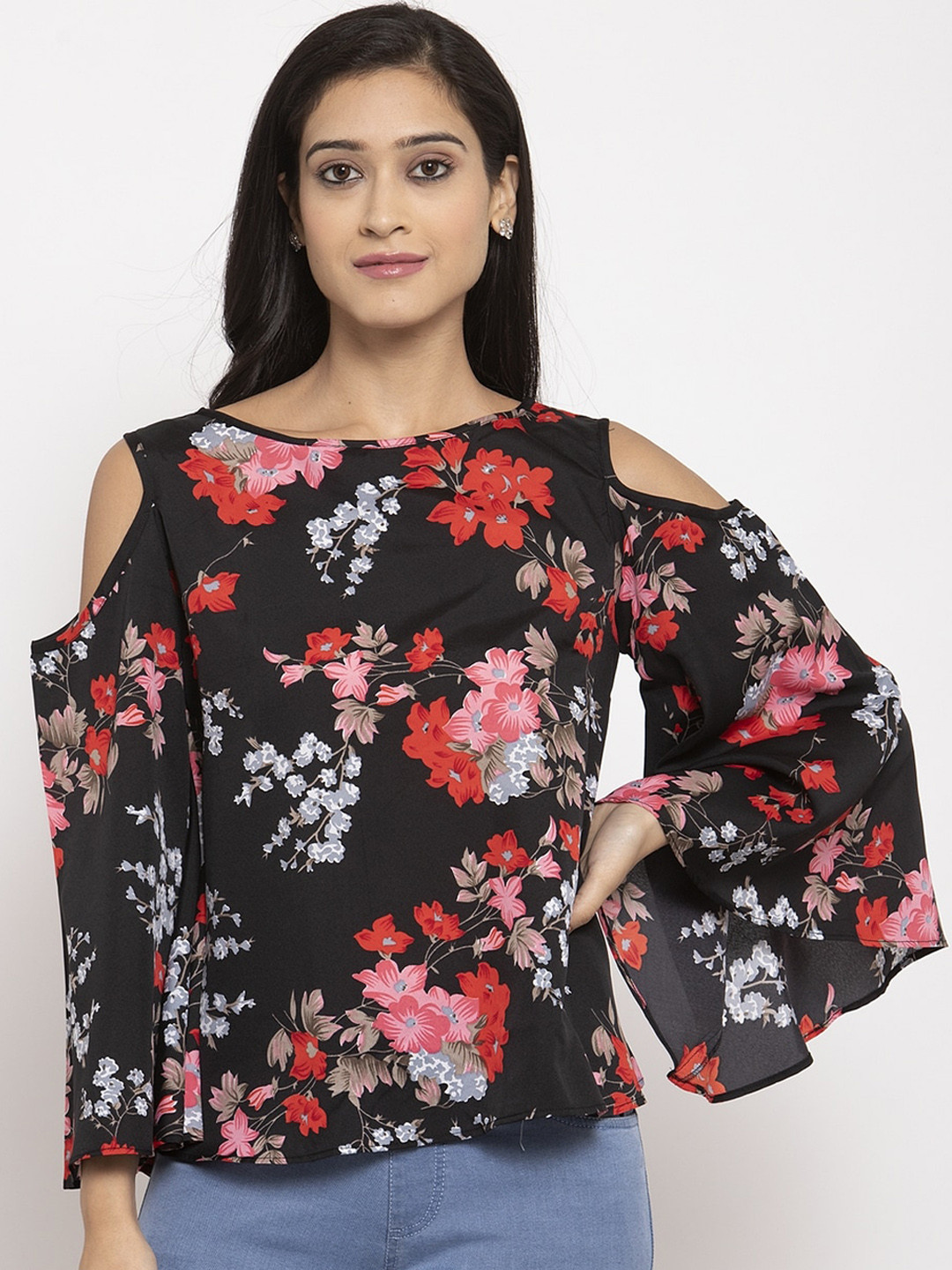 

Karmic Vision Women Black Printed Cold Shoulder Top