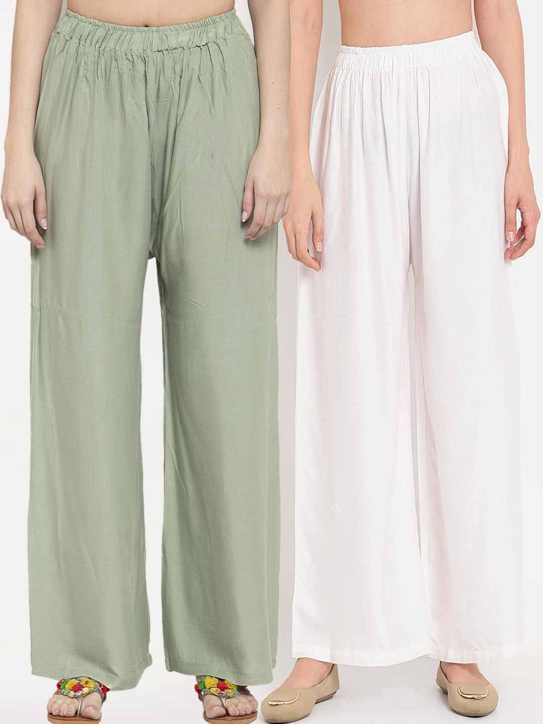 

TAG 7 Women Pack Of 2 Green & White Solid Flared Palazzos