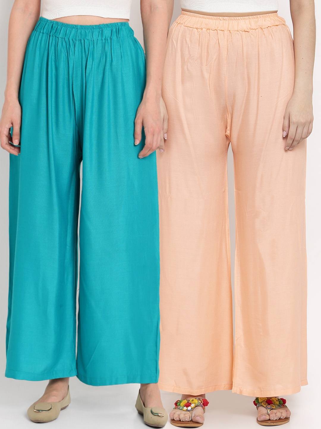 

TAG 7 Women Pack Of 2 Peach-Coloured & Turquoise Blue Solid Flared Palazzos