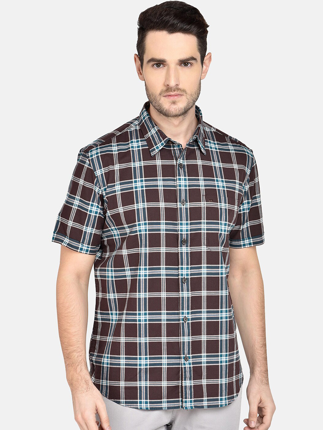 

Basics Men Coffee Brown & Off-White Slim Fit Checked Casual Shirt