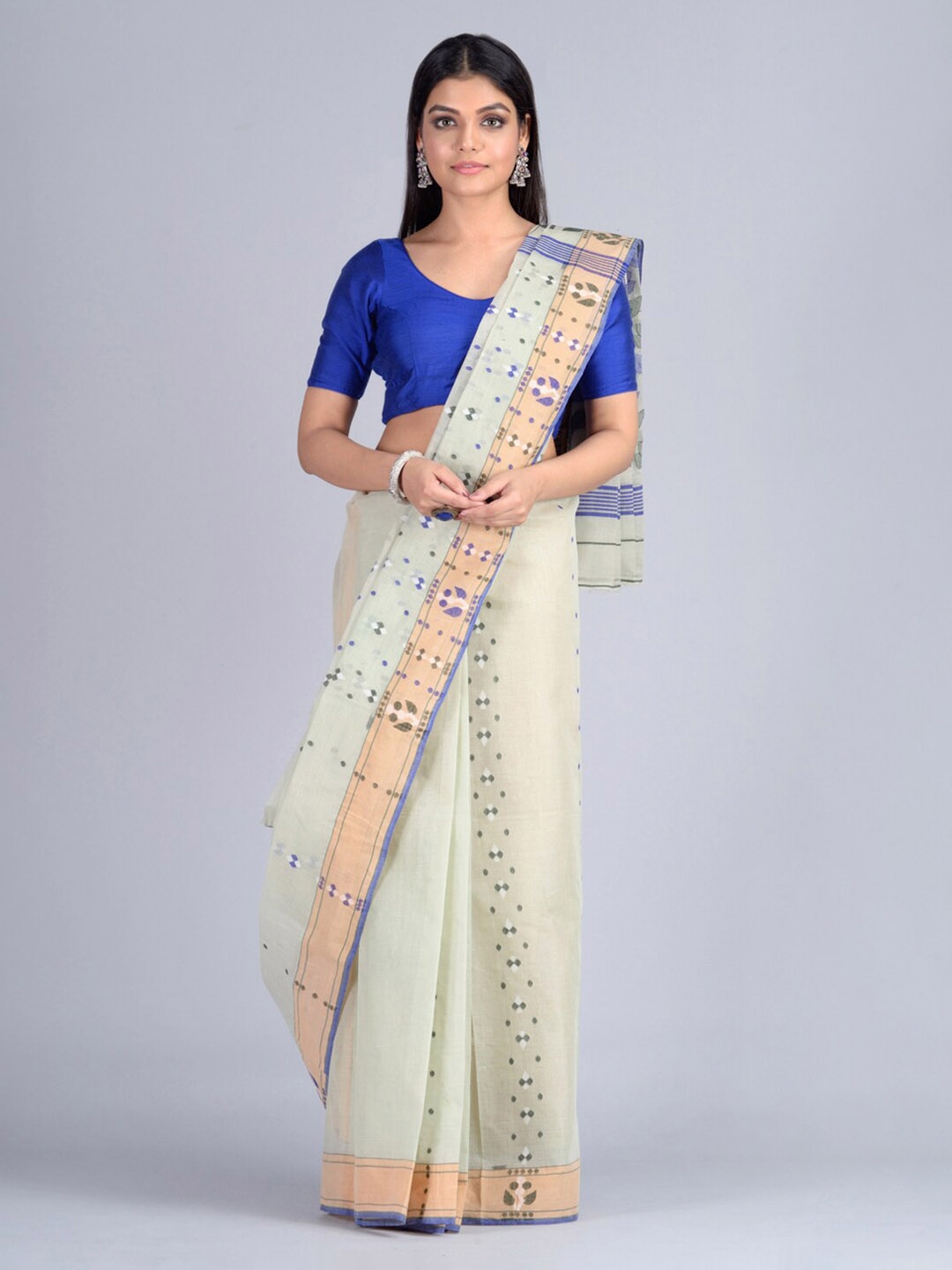 

Mitera Beige & Blue Pure Cotton Woven Design Taant Saree