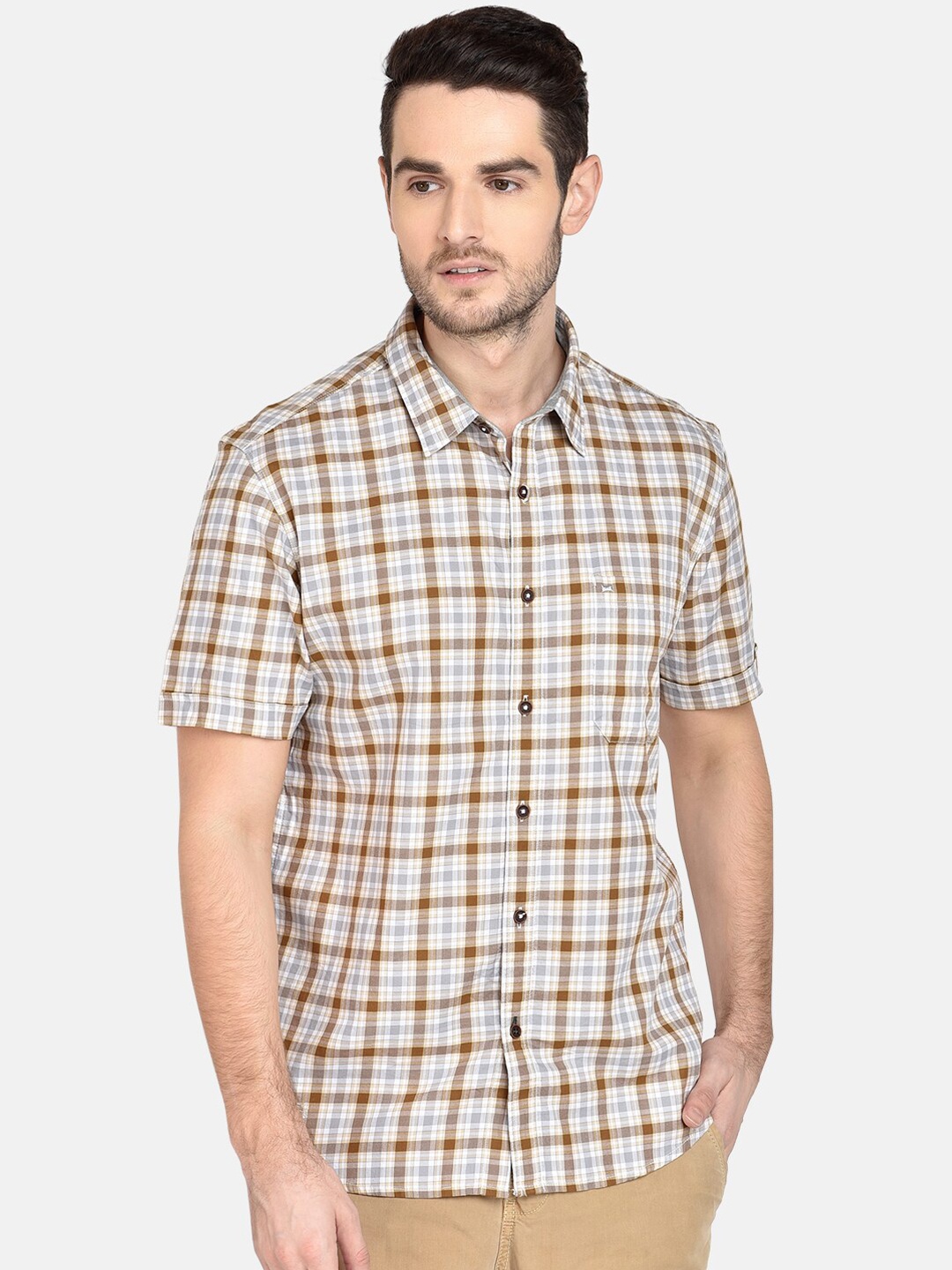 

Basics Men Brown & White Slim Fit Checked Casual Shirt