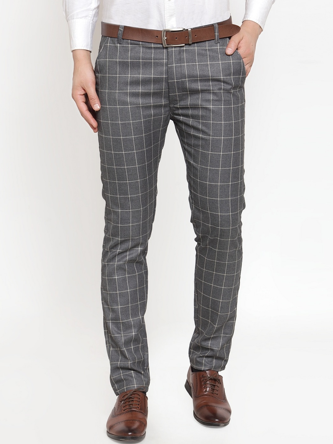 

JAINISH Men Grey & Beige Smart Slim Fit Checked Formal Trousers