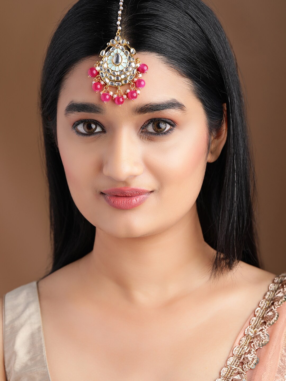 

Rubans 22K Gold-Plated White & Pink Kundan-Studded Pearl Embellished Enamelled Handcrafted Maang Tikka