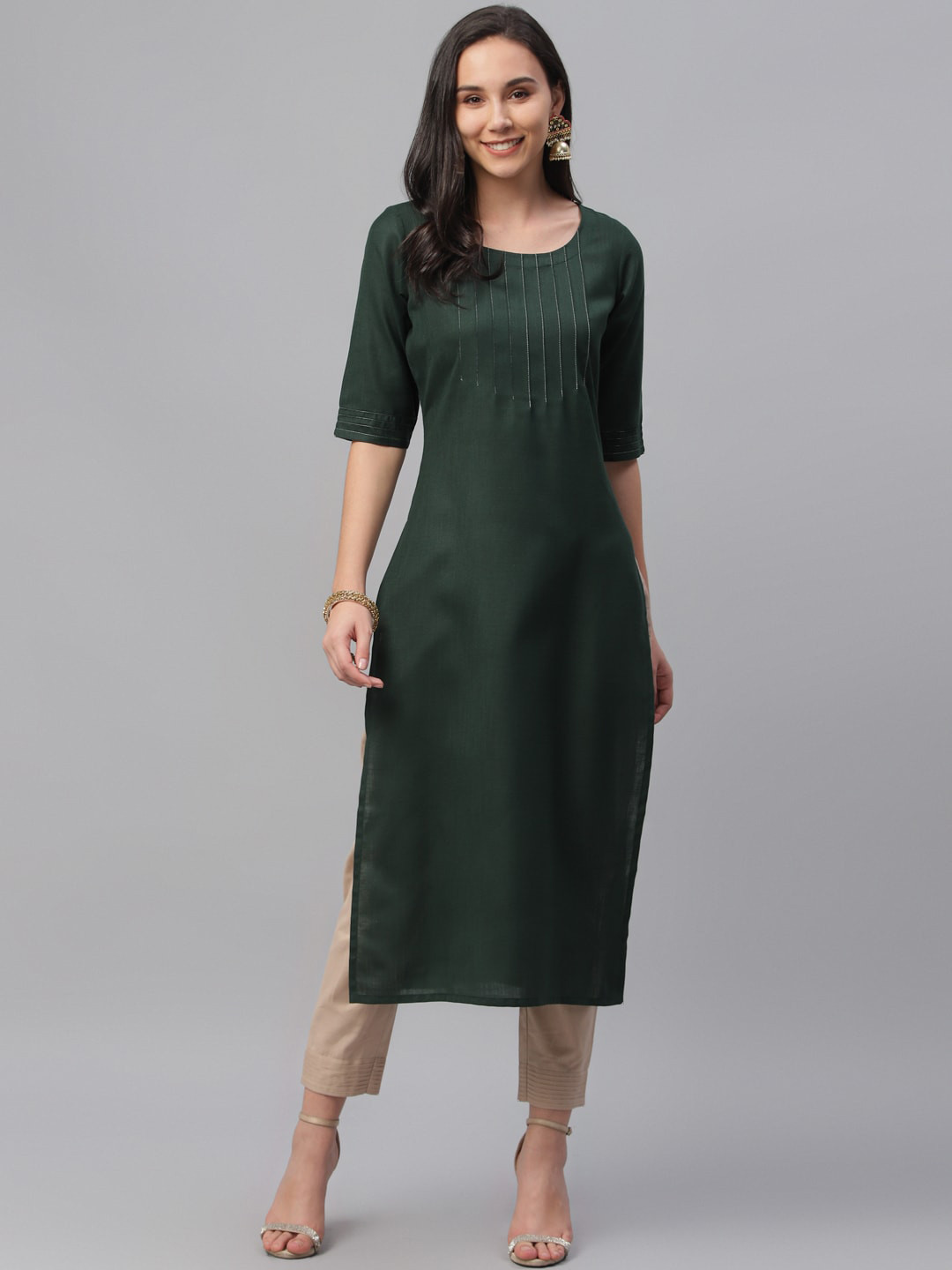 

Libas Women Green Yoke Design Straight Kurta