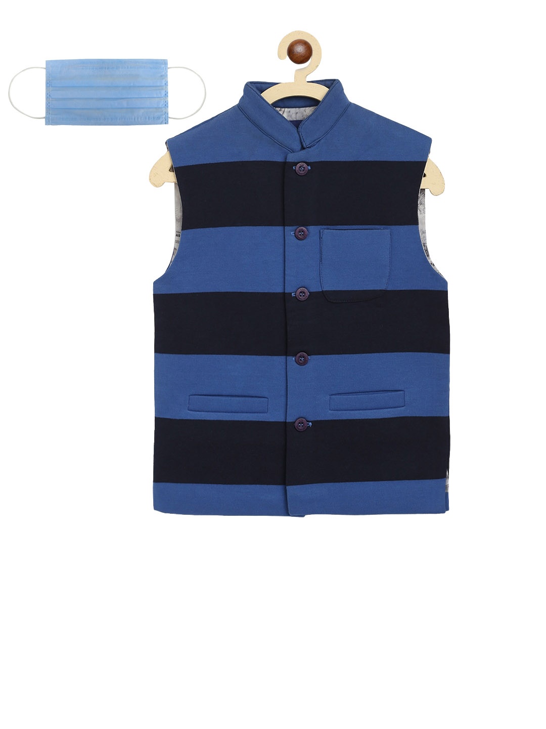 

Lil Tomatoes Boys Blue & Black Striped Pure Cotton Nehru Jacket With Face Mask