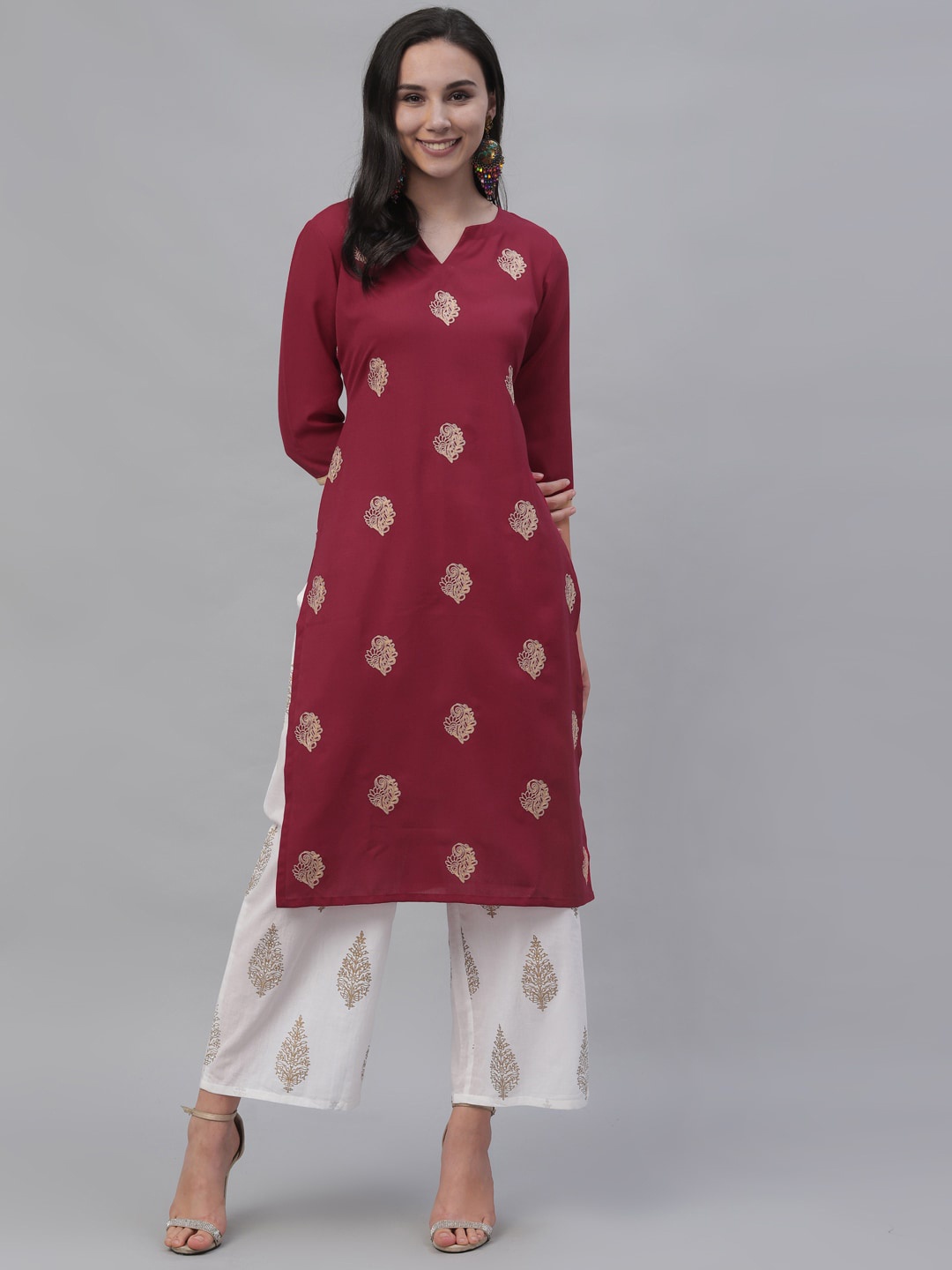 

Libas Women Maroon & Gold-Coloured Embroidered Straight Kurta