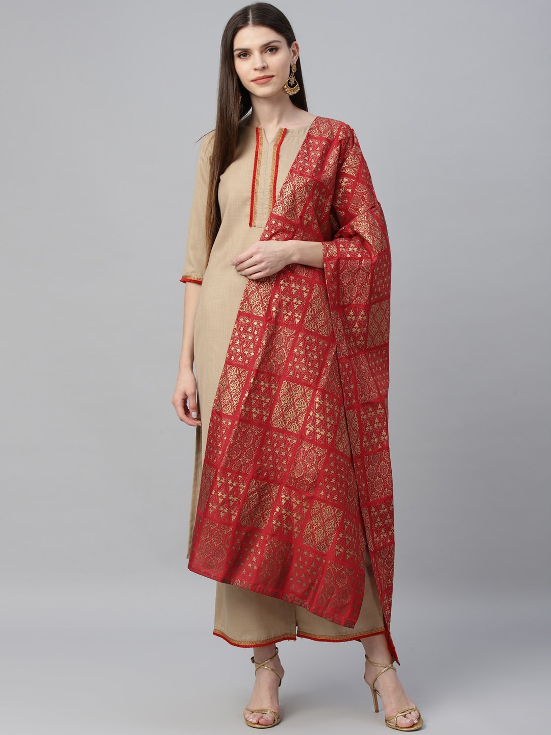 

Libas Women Beige & Red Yoke Design Kurta with Palazzos & Dupatta