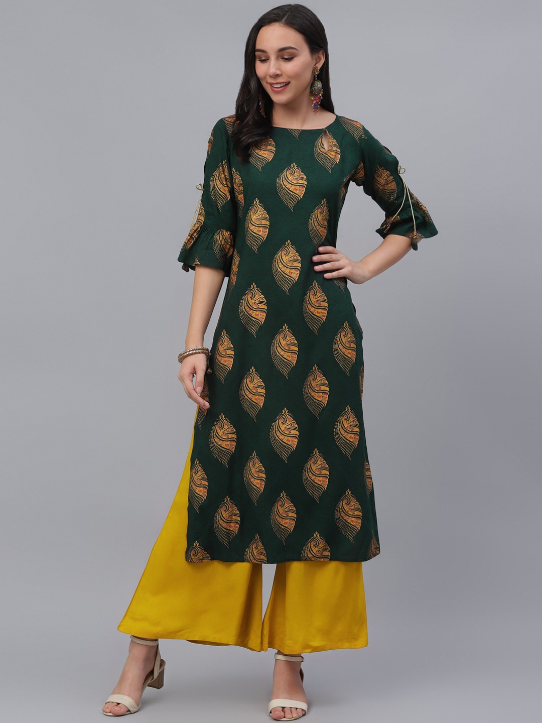 

GERUA Women Green & Mustard Yellow Printed Kurta with Palazzos