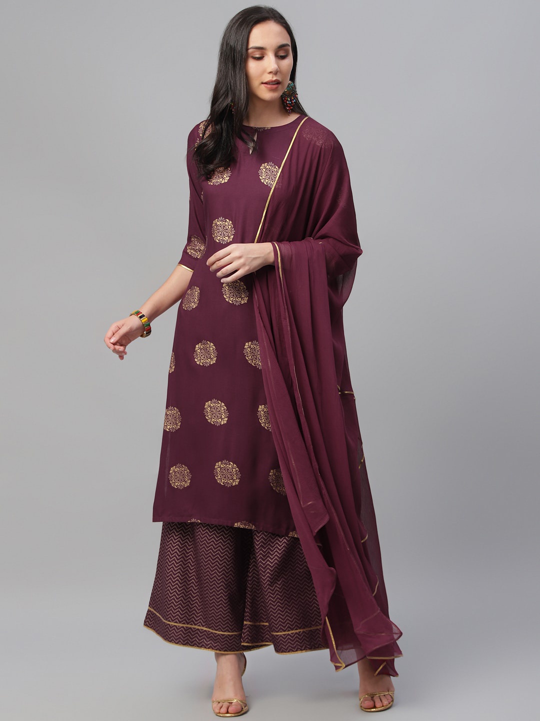 

Libas Women Maroon & Gold-Toned Printed Kurta with Palazzos & Dupatta