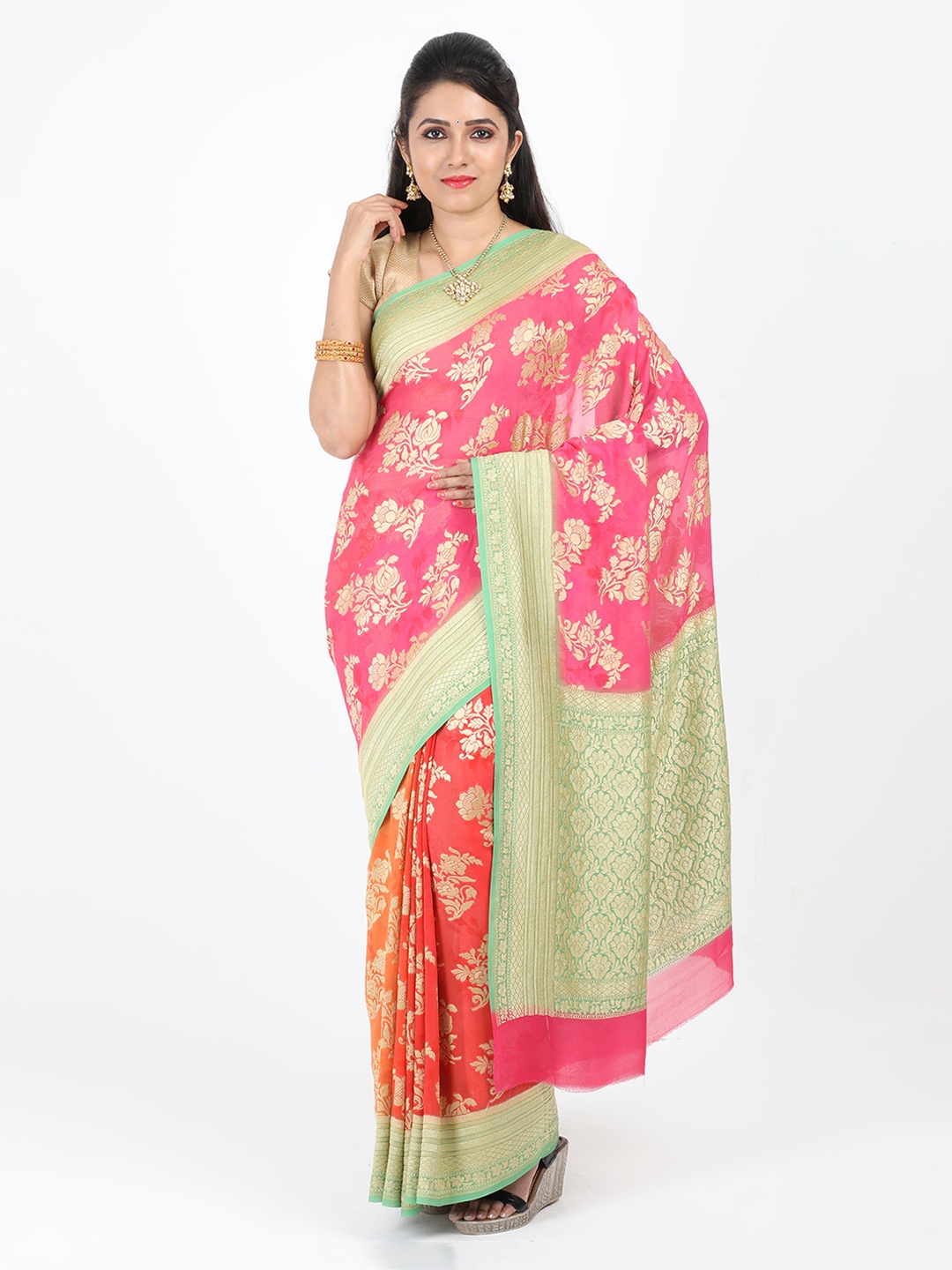 

SABOO COLLECTIONS Pink & Green Pure Silk Woven Design Banarasi Saree